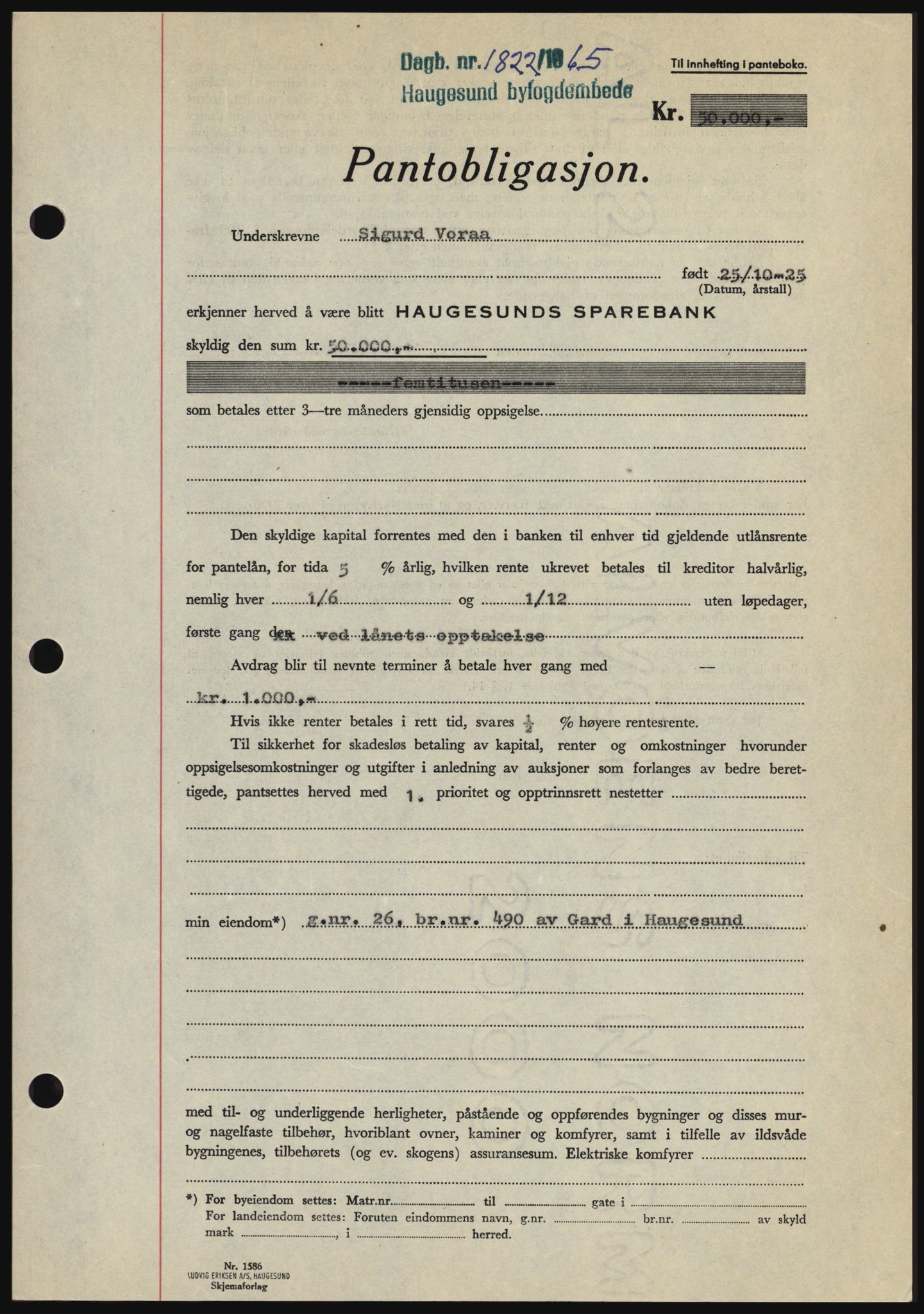 Haugesund tingrett, SAST/A-101415/01/II/IIC/L0053: Mortgage book no. B 53, 1965-1965, Diary no: : 1822/1965