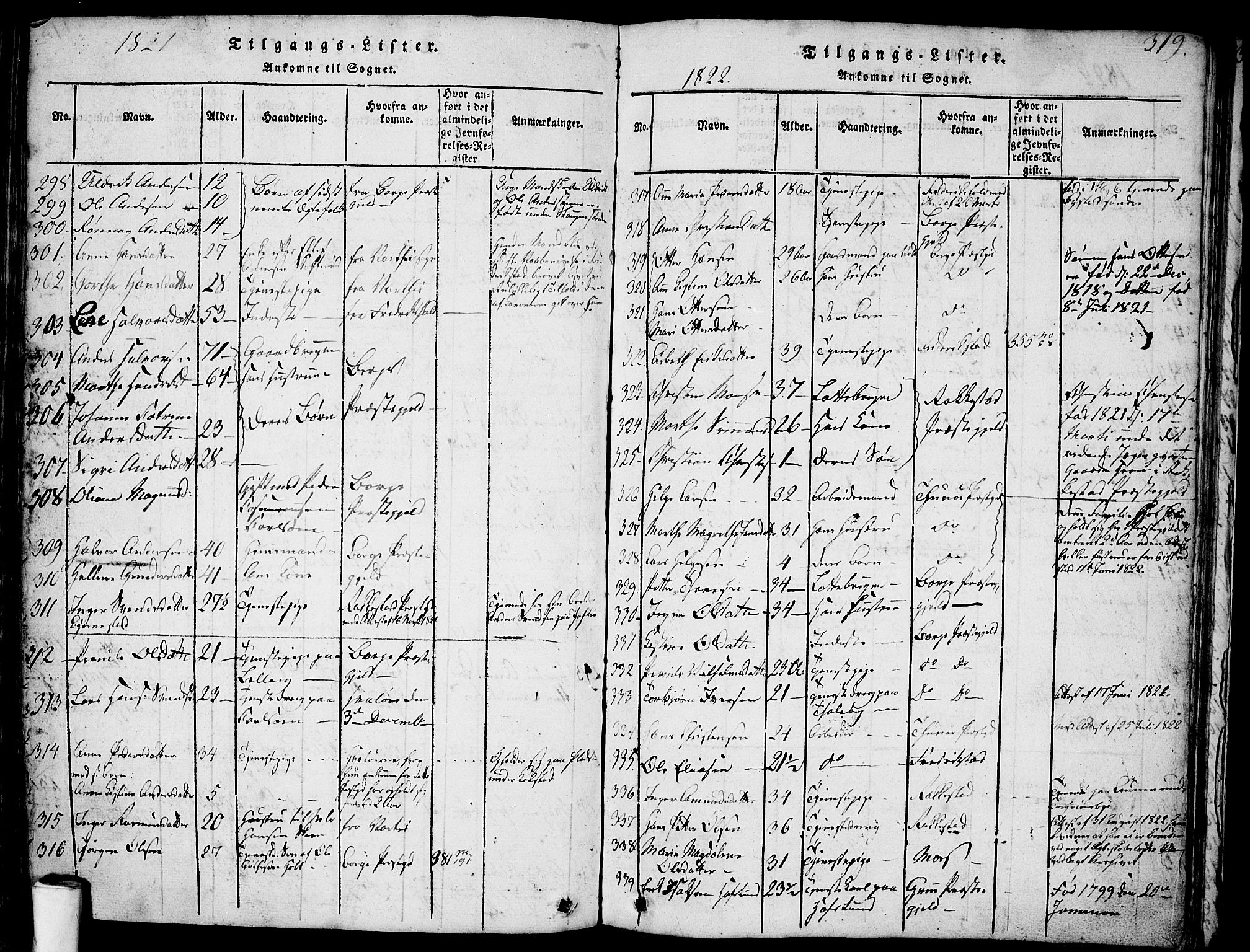 Skjeberg prestekontor Kirkebøker, SAO/A-10923/F/Fa/L0004: Parish register (official) no. I 4, 1815-1830, p. 319