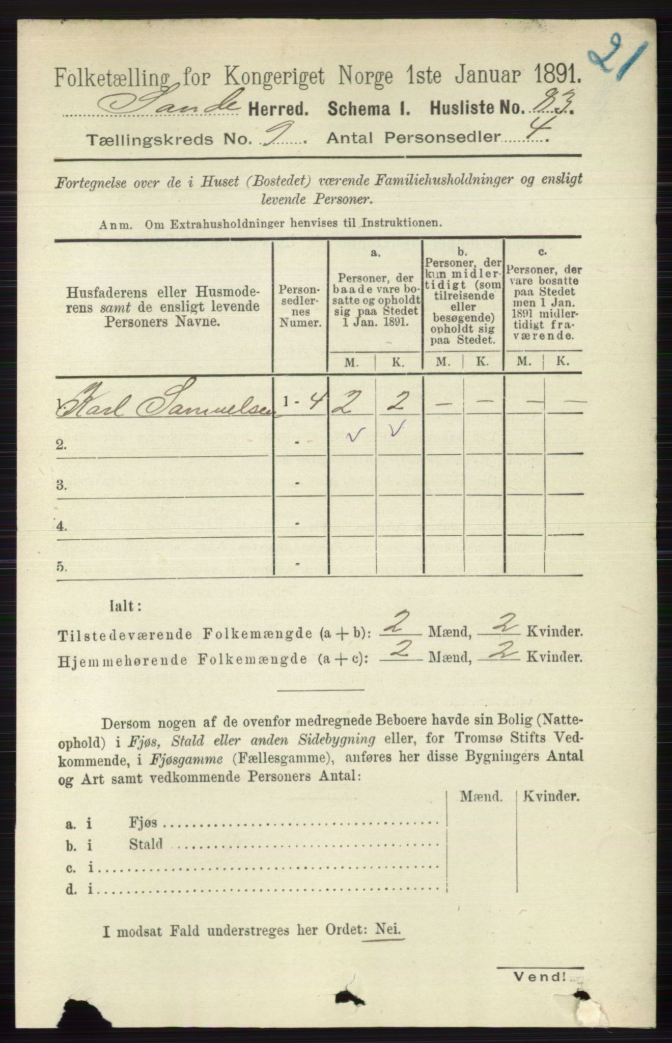 RA, 1891 census for 0713 Sande, 1891, p. 3928