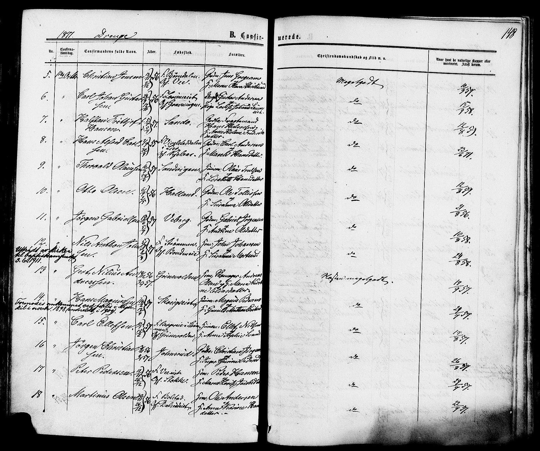 Sande Kirkebøker, AV/SAKO-A-53/F/Fa/L0005: Parish register (official) no. 5, 1865-1877, p. 148