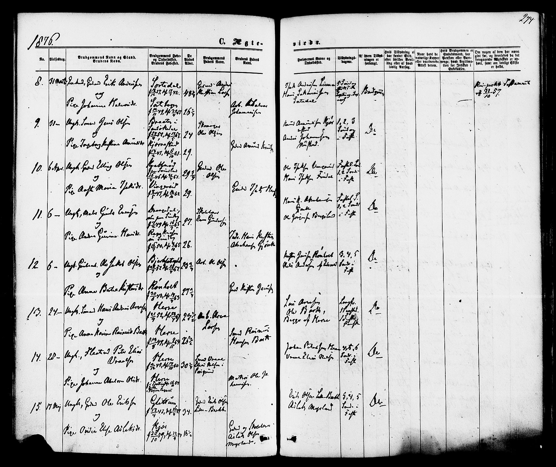 Bamble kirkebøker, SAKO/A-253/F/Fa/L0006: Parish register (official) no. I 6, 1869-1877, p. 274