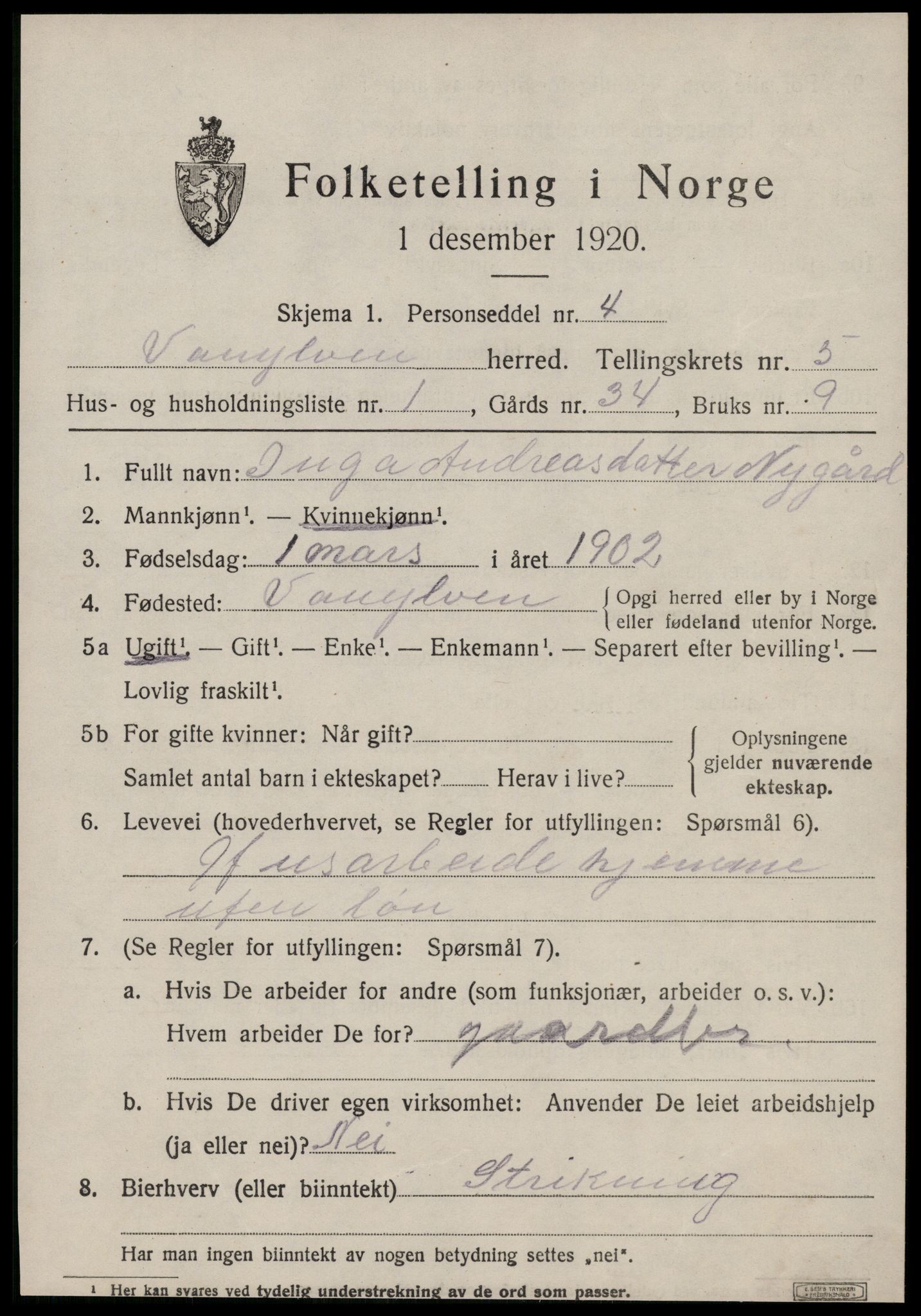 SAT, 1920 census for Vanylven, 1920, p. 2819