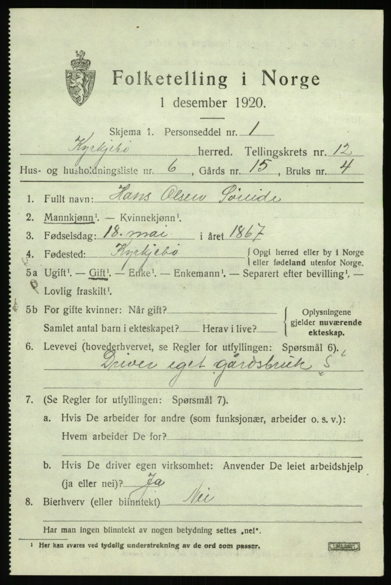 SAB, 1920 census for Kyrkjebø, 1920, p. 5951