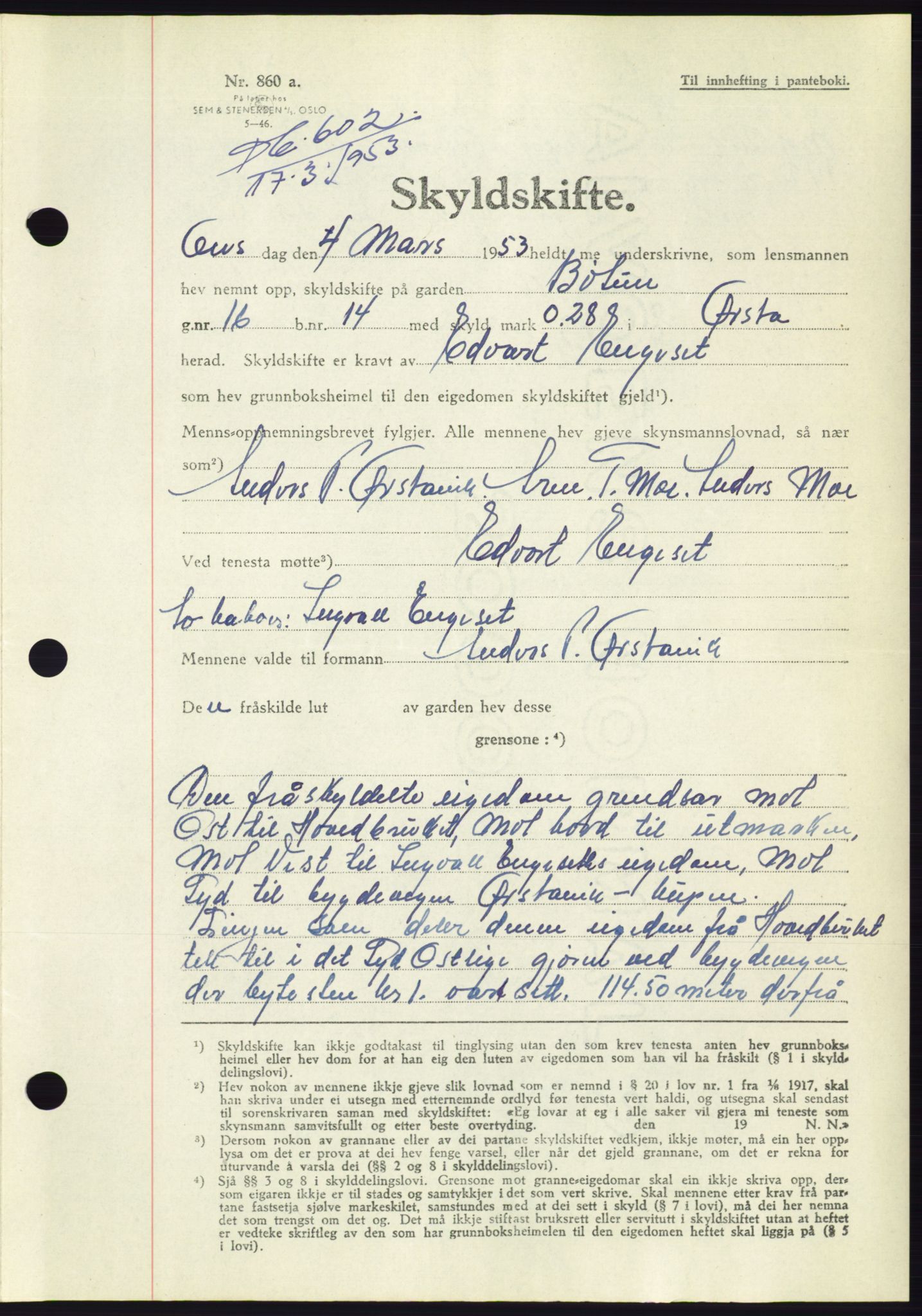 Søre Sunnmøre sorenskriveri, AV/SAT-A-4122/1/2/2C/L0094: Mortgage book no. 20A, 1953-1953, Diary no: : 602/1953