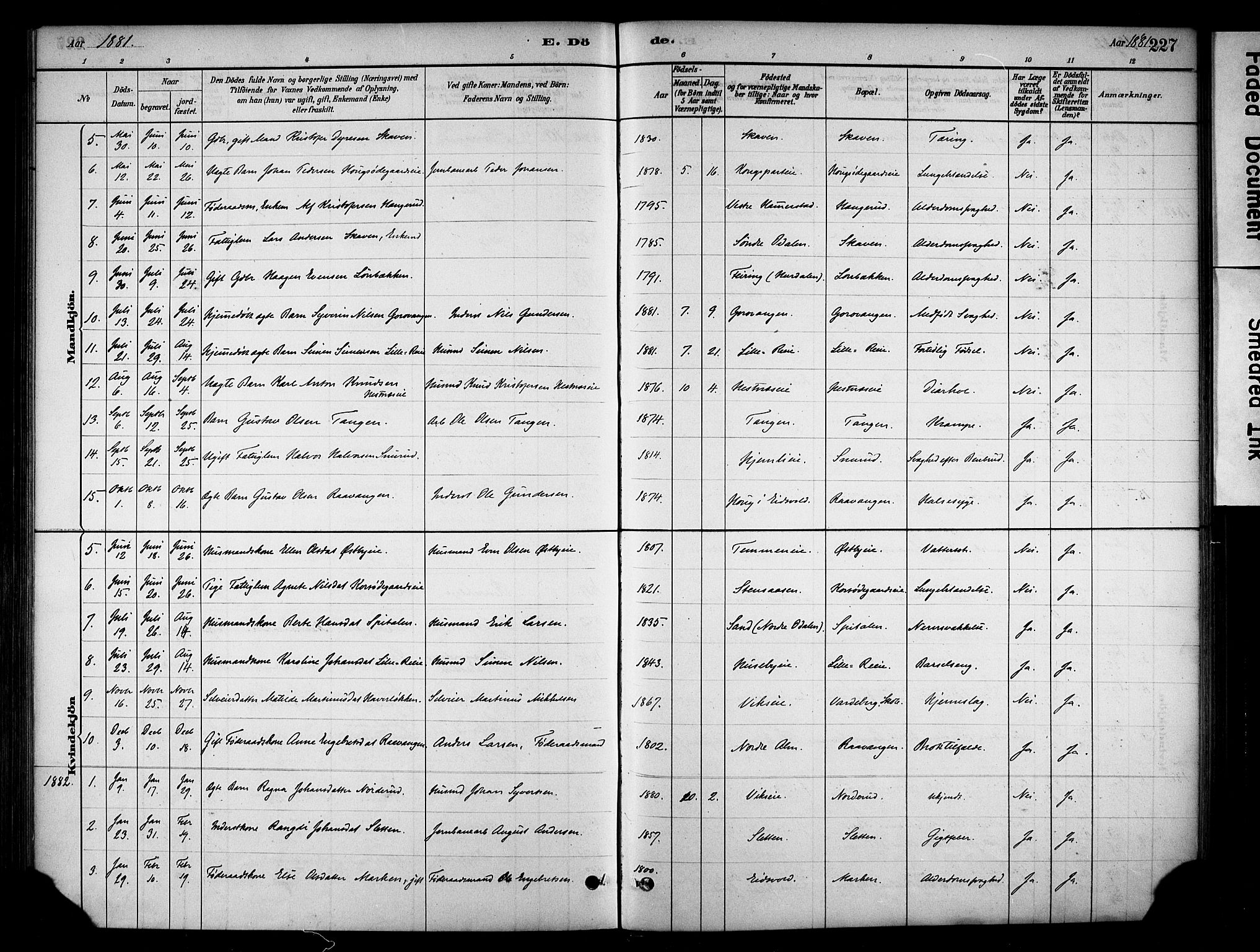 Stange prestekontor, AV/SAH-PREST-002/K/L0018: Parish register (official) no. 18, 1880-1896, p. 227