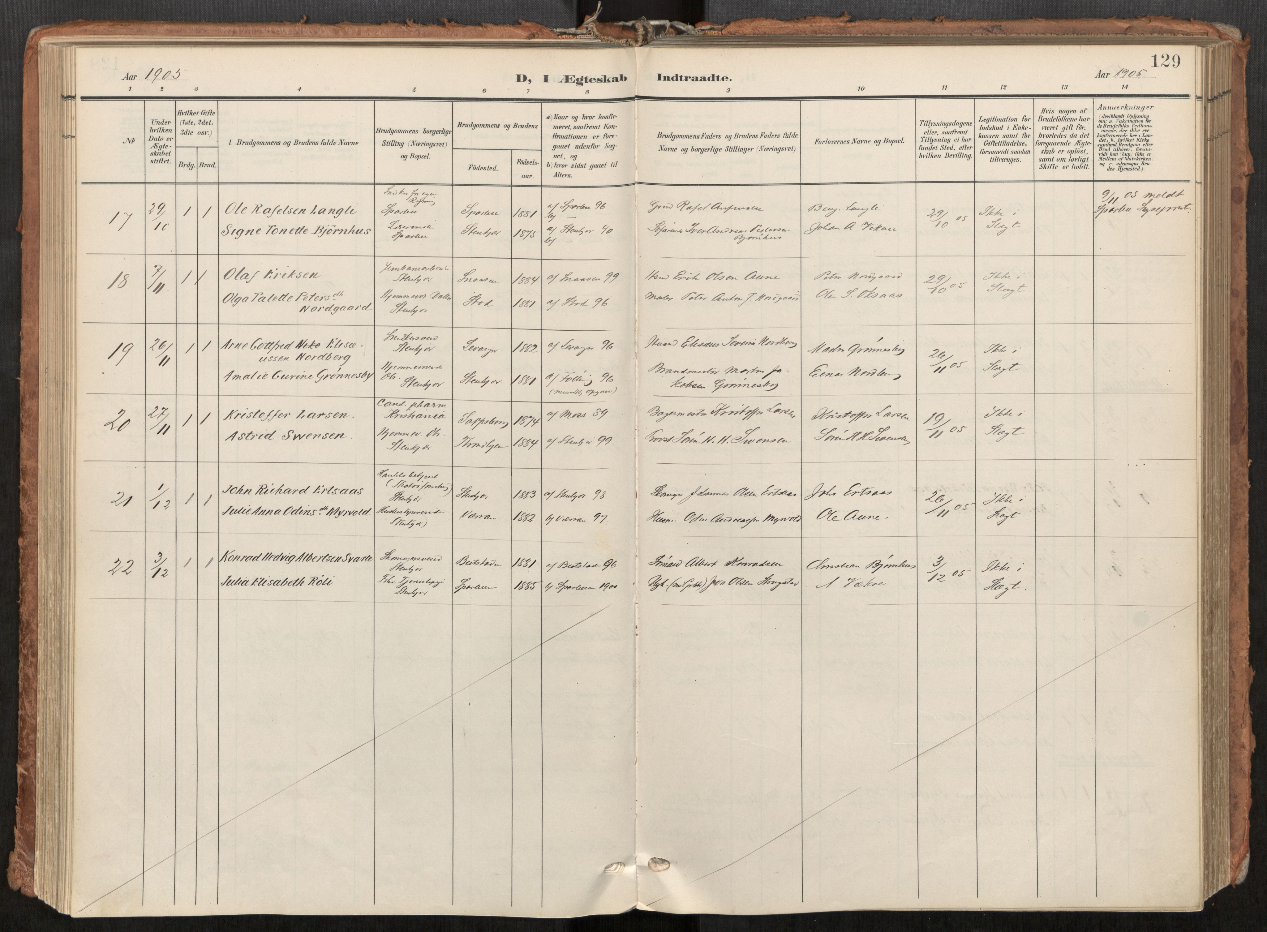 Steinkjer sokneprestkontor, AV/SAT-A-1541/01/H/Ha/Haa/L0001: Parish register (official) no. 1, 1904-1912, p. 129