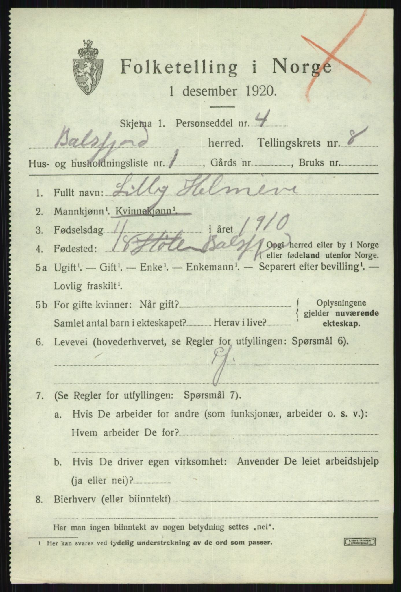 SATØ, 1920 census for Balsfjord, 1920, p. 4511