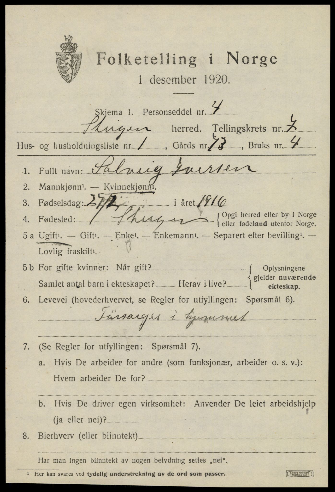 SAT, 1920 census for Steigen, 1920, p. 2754