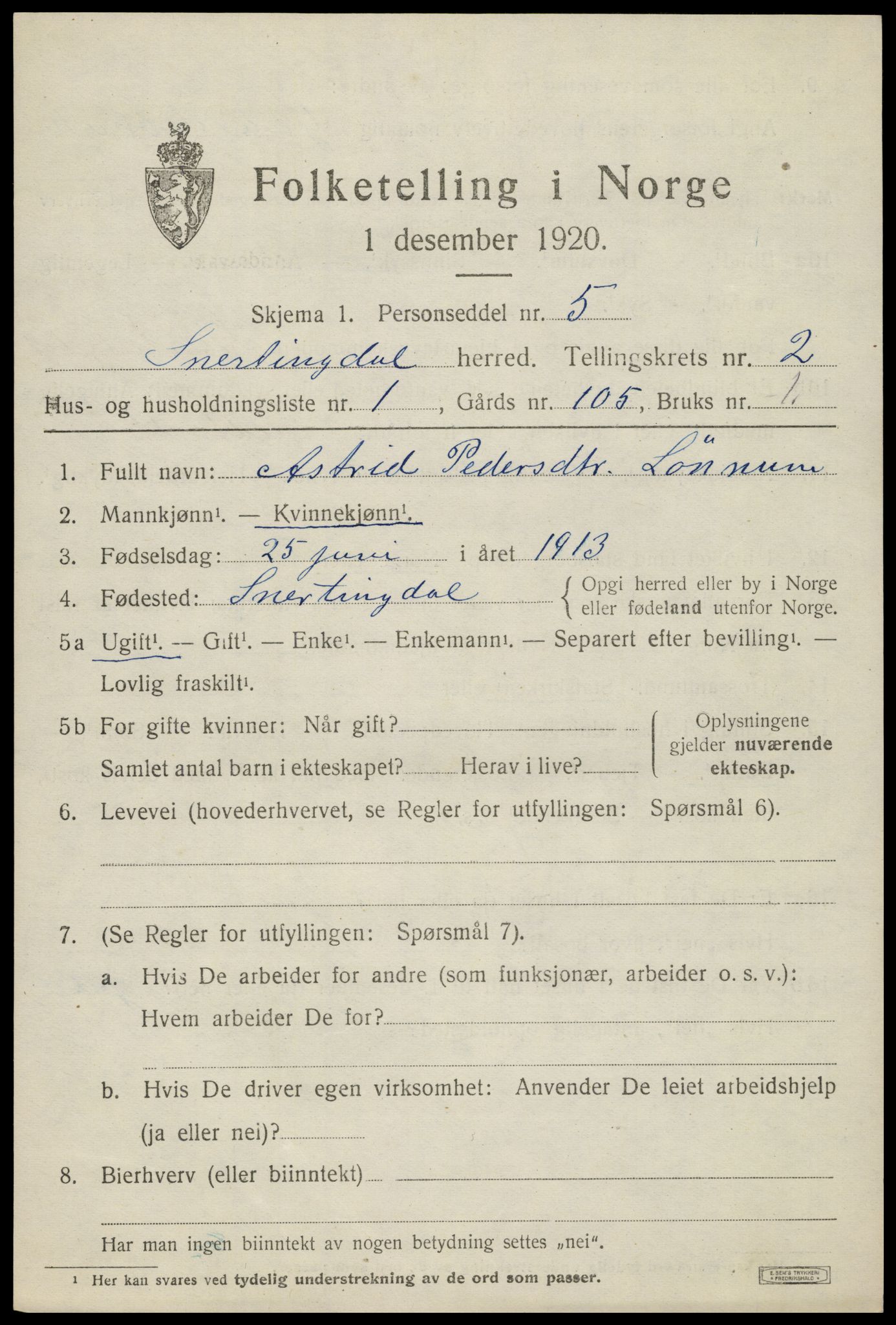 SAH, 1920 census for Snertingdal, 1920, p. 1367