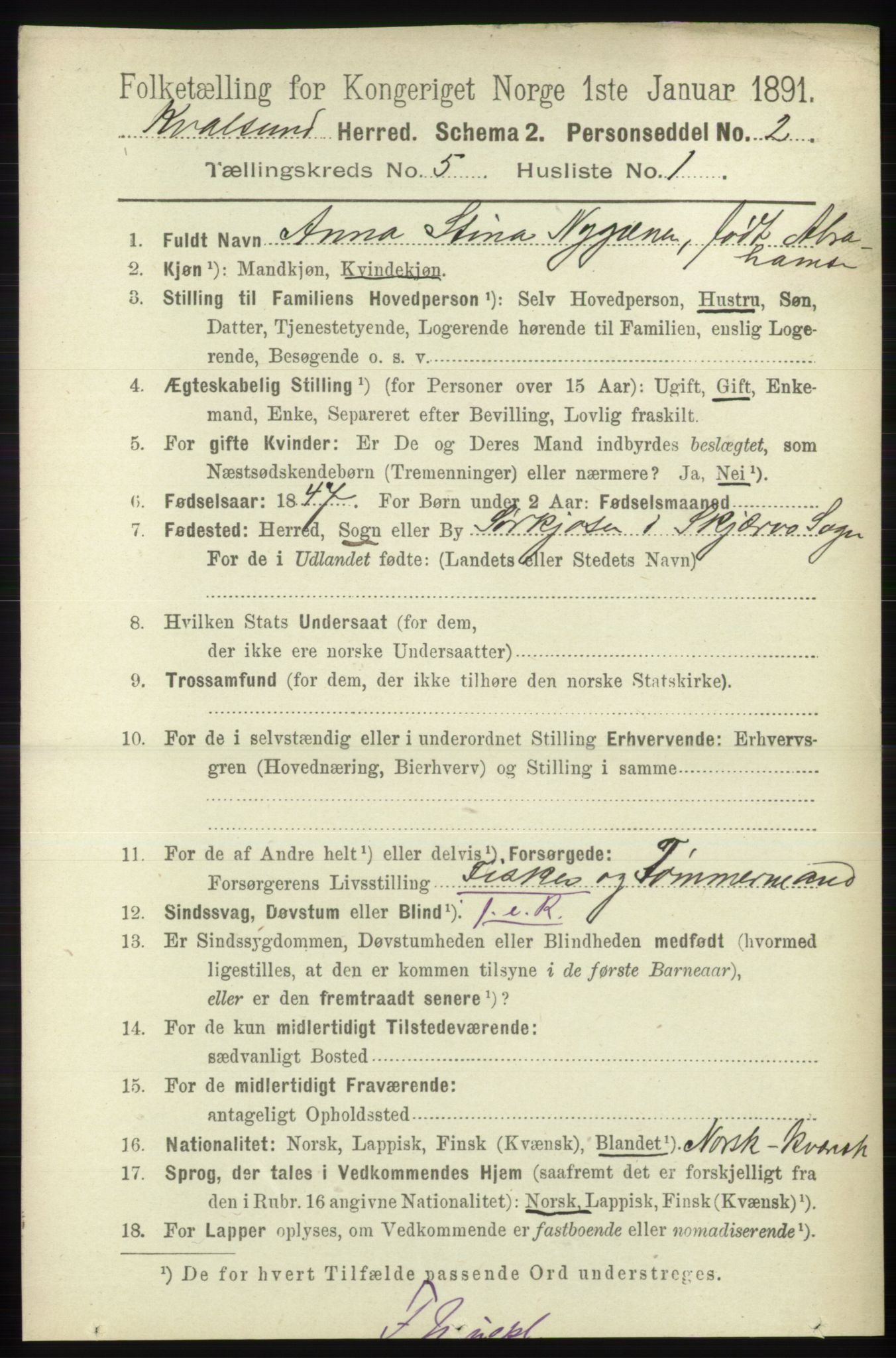 RA, 1891 census for 2017 Kvalsund, 1891, p. 516