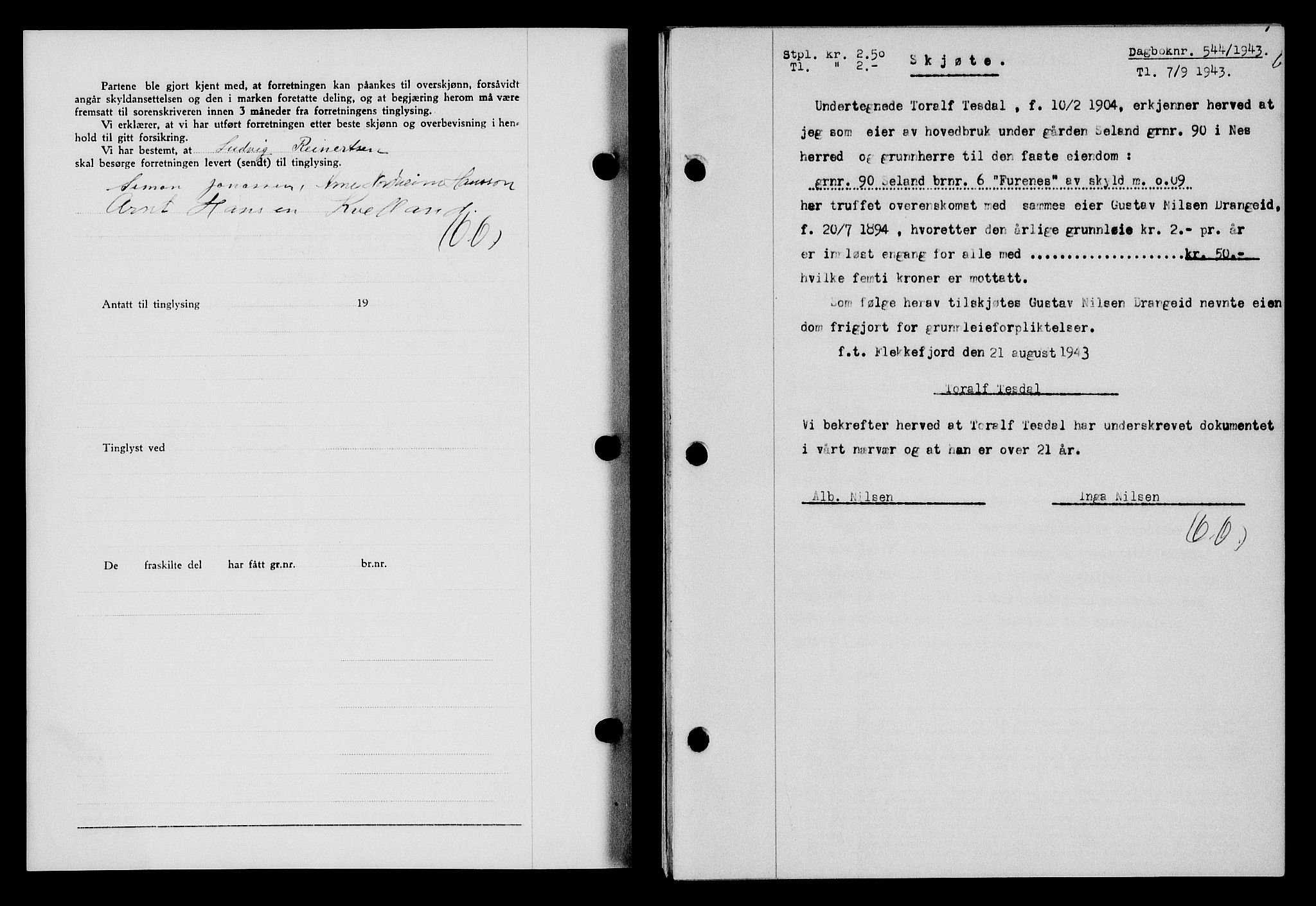 Flekkefjord sorenskriveri, SAK/1221-0001/G/Gb/Gba/L0058: Mortgage book no. A-6, 1942-1944, Diary no: : 544/1943