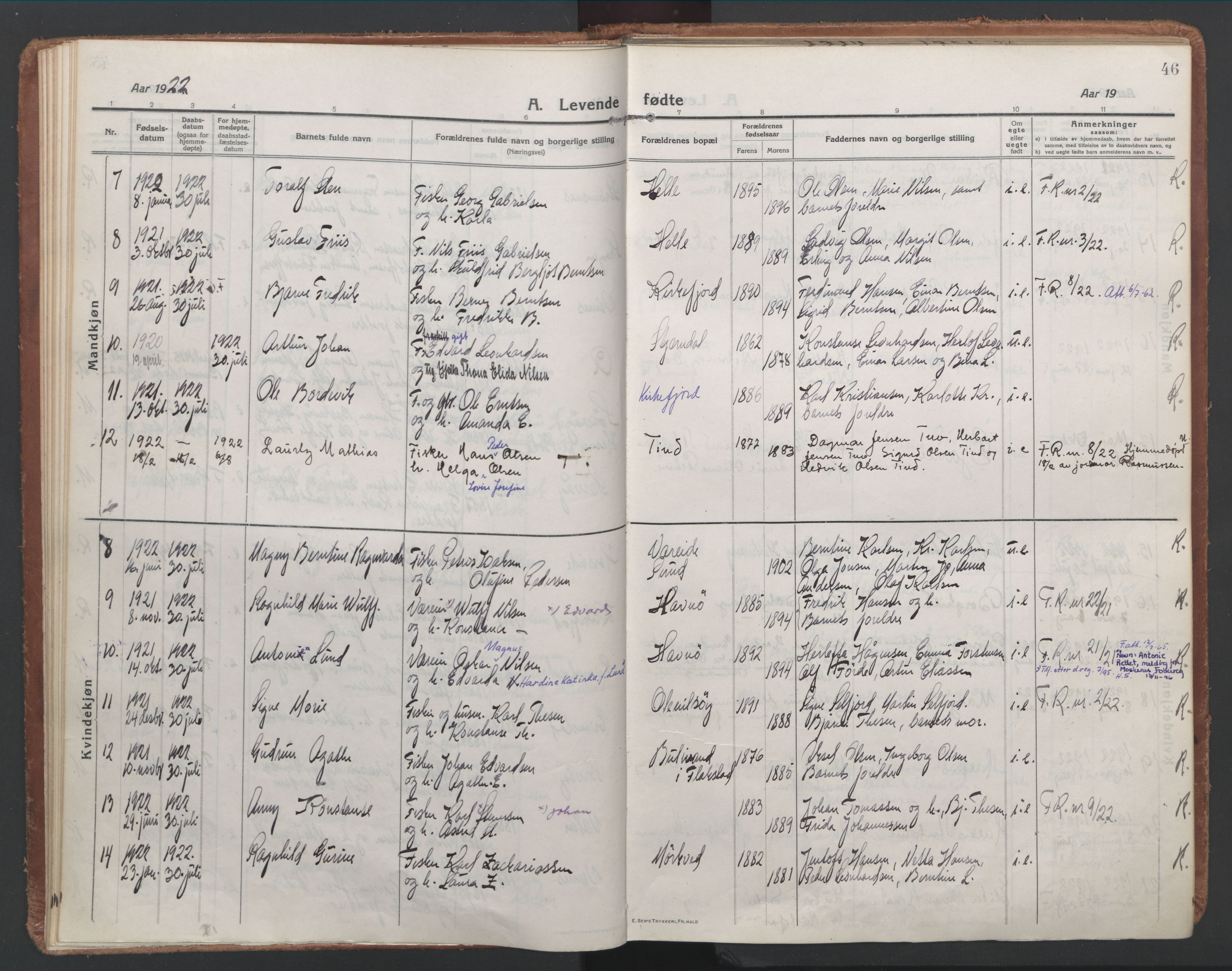 Ministerialprotokoller, klokkerbøker og fødselsregistre - Nordland, AV/SAT-A-1459/886/L1222: Parish register (official) no. 886A04, 1914-1926, p. 46