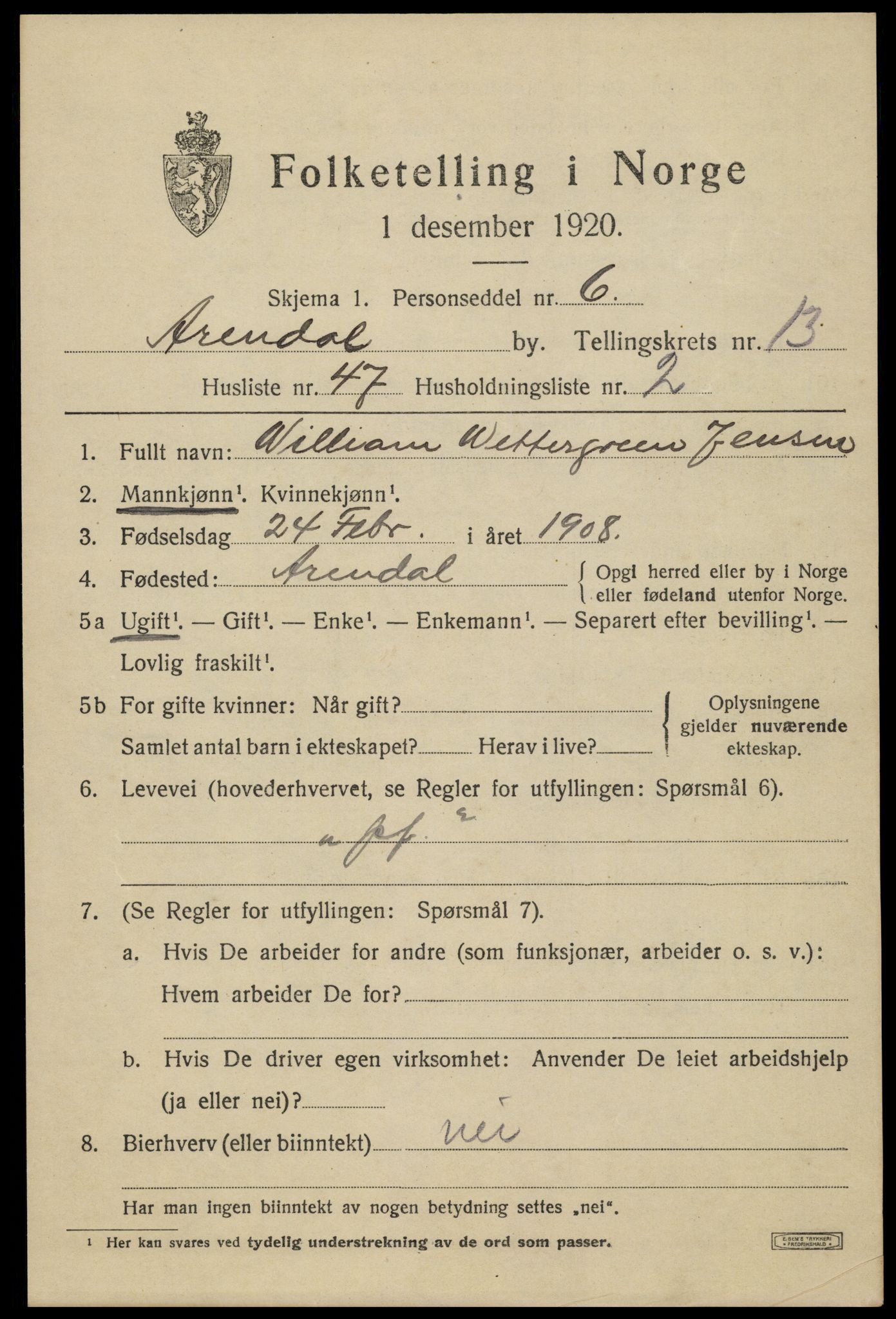 SAK, 1920 census for Arendal, 1920, p. 20826