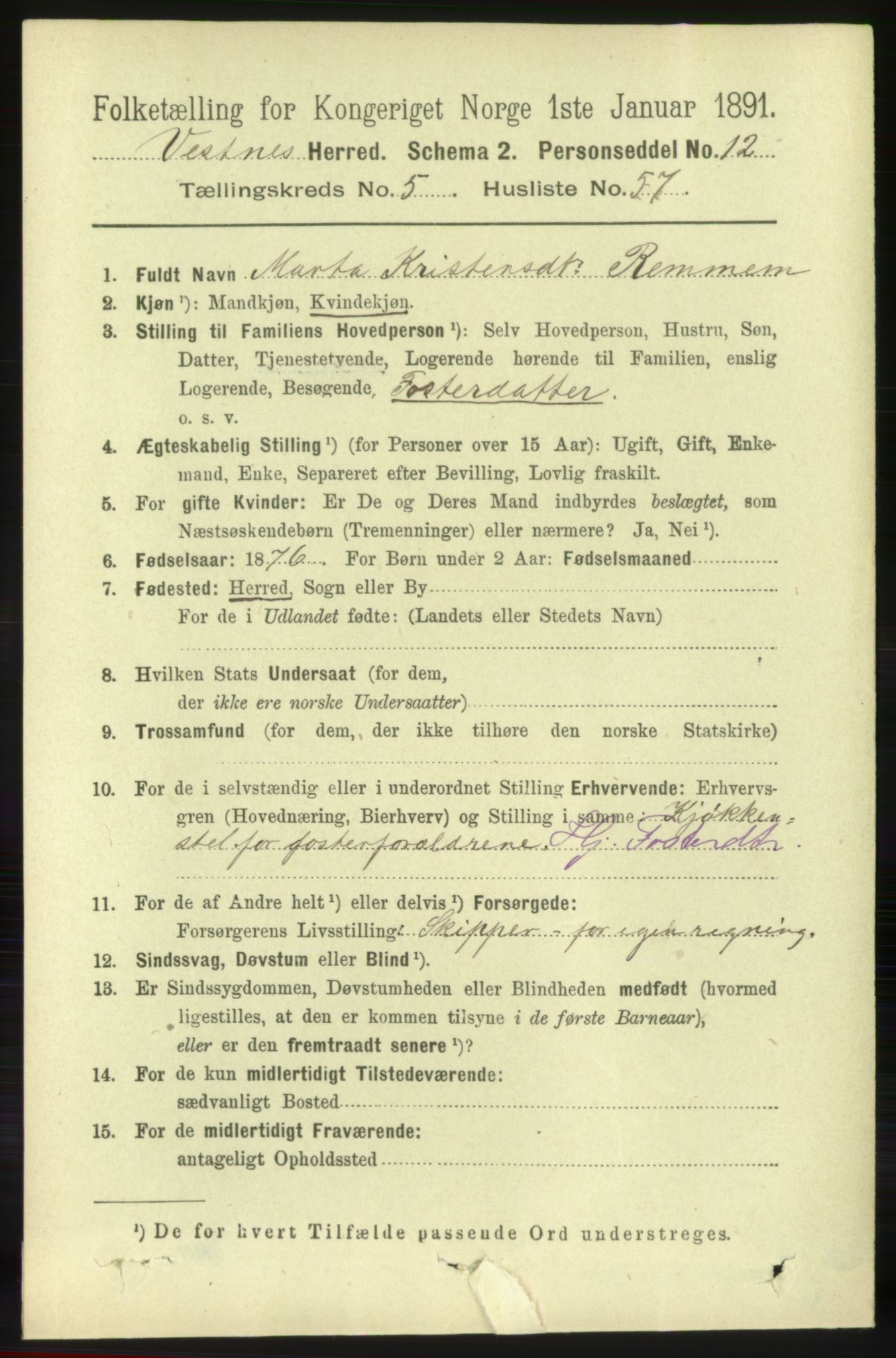 RA, 1891 census for 1535 Vestnes, 1891, p. 2118