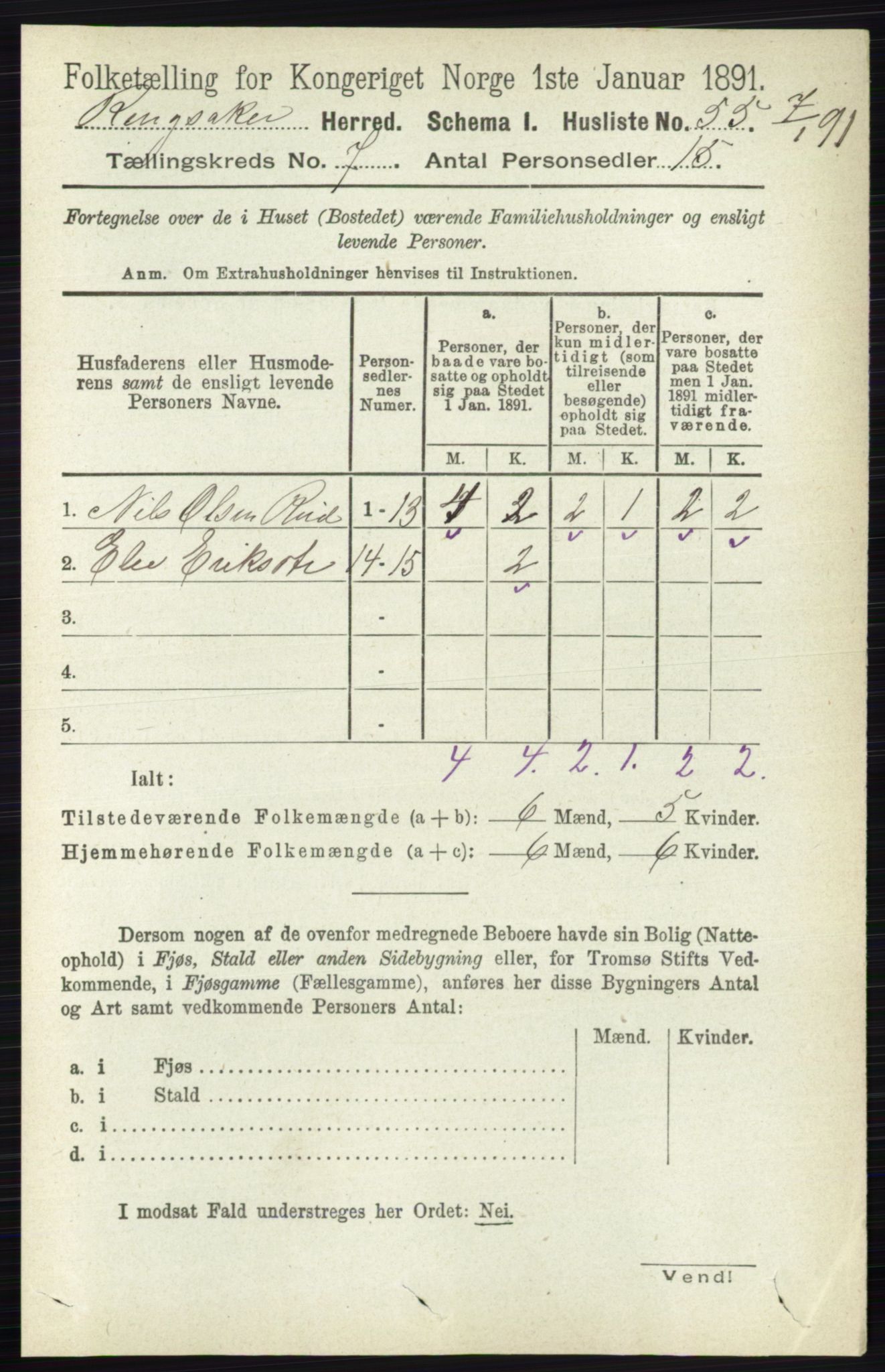 RA, 1891 census for 0412 Ringsaker, 1891, p. 3845