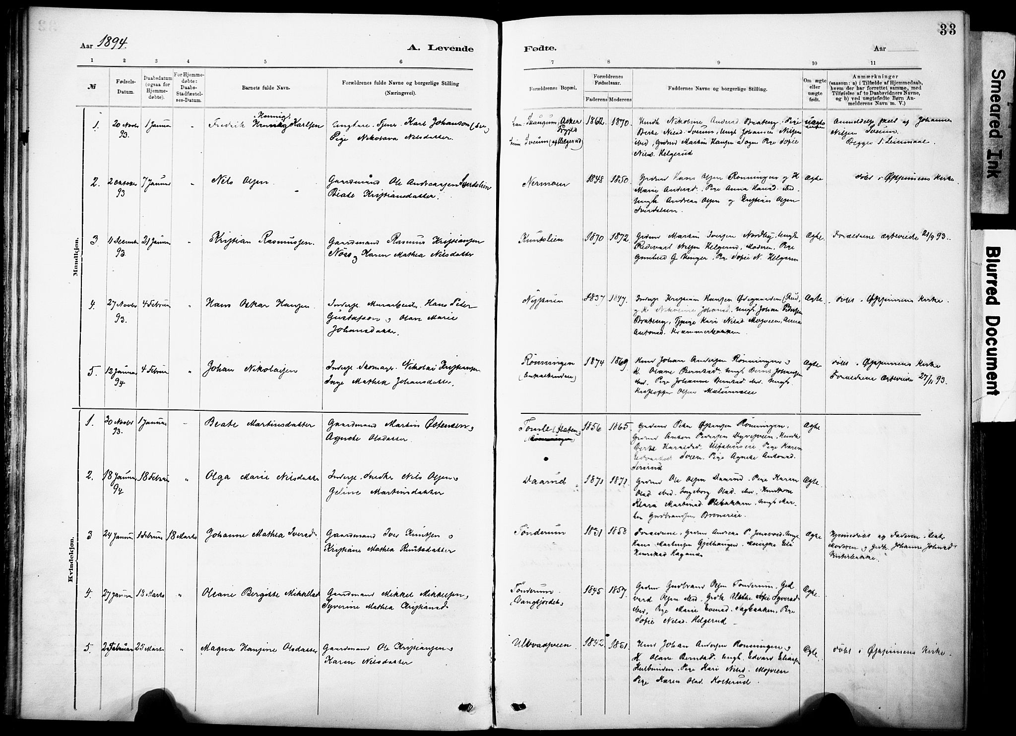 Nordre Land prestekontor, SAH/PREST-124/H/Ha/Haa/L0005: Parish register (official) no. 5, 1882-1903, p. 33