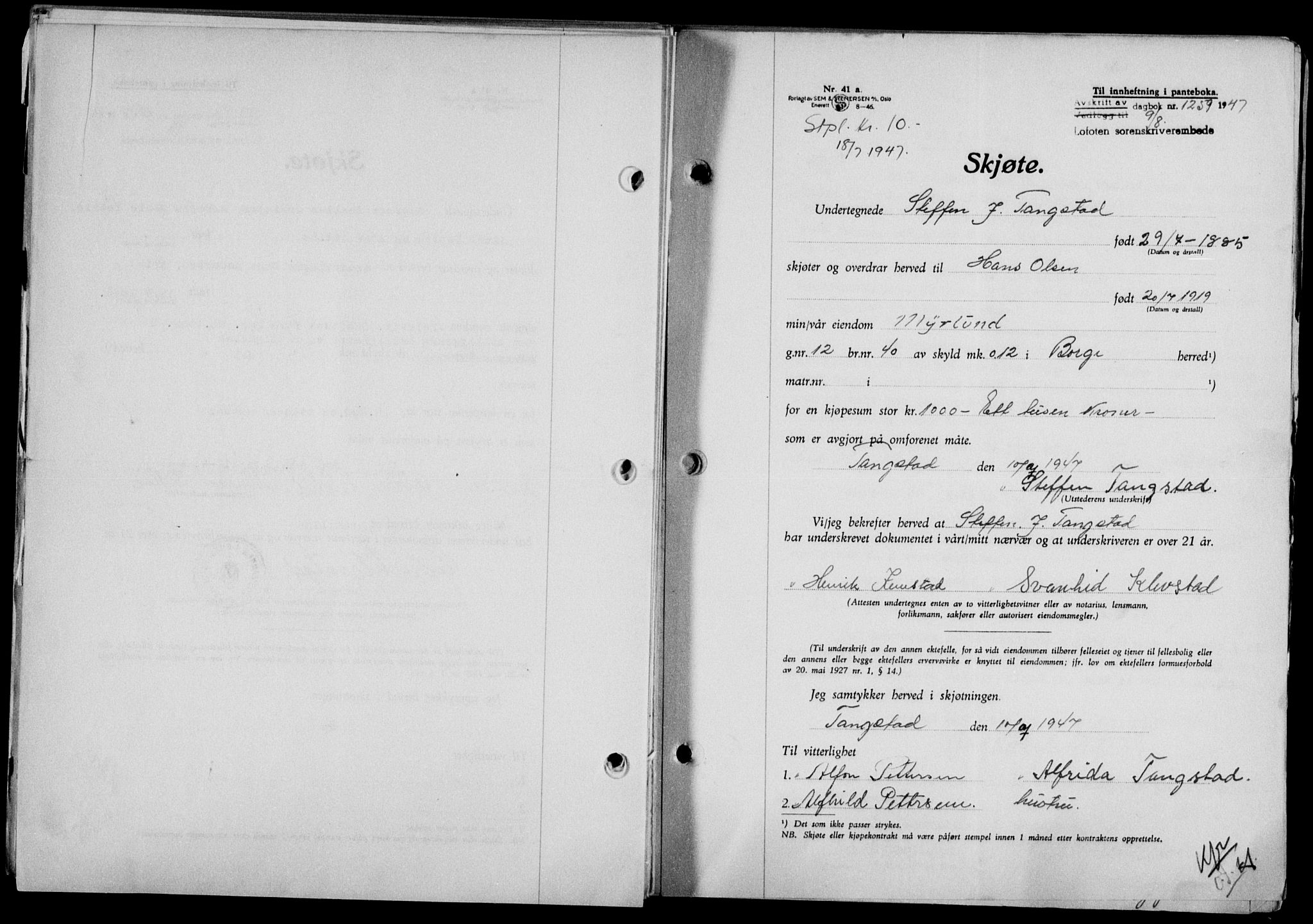 Lofoten sorenskriveri, SAT/A-0017/1/2/2C/L0016a: Mortgage book no. 16a, 1947-1947, Diary no: : 1259/1947