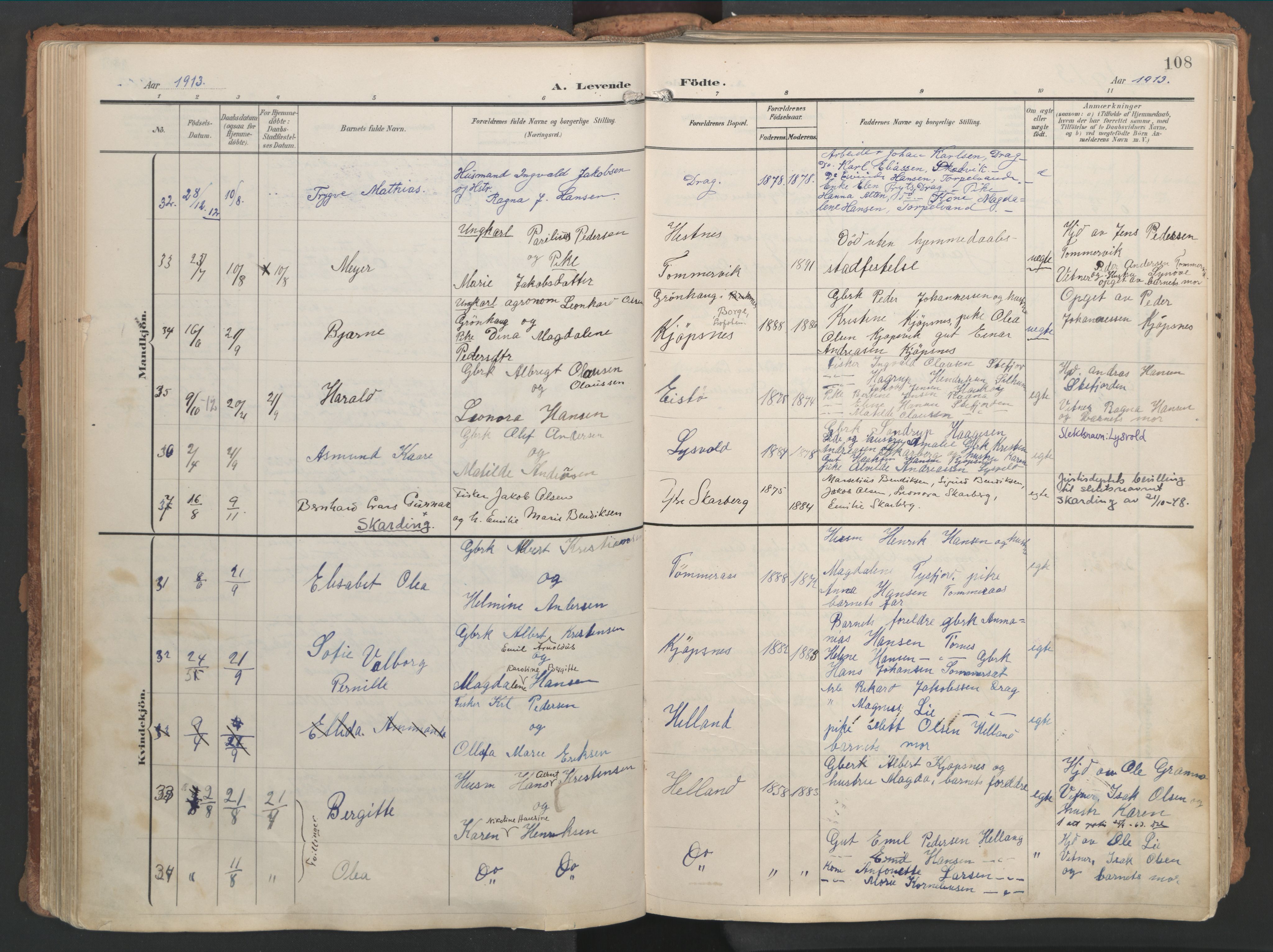 Ministerialprotokoller, klokkerbøker og fødselsregistre - Nordland, AV/SAT-A-1459/861/L0871: Parish register (official) no. 861A06, 1903-1916, p. 108