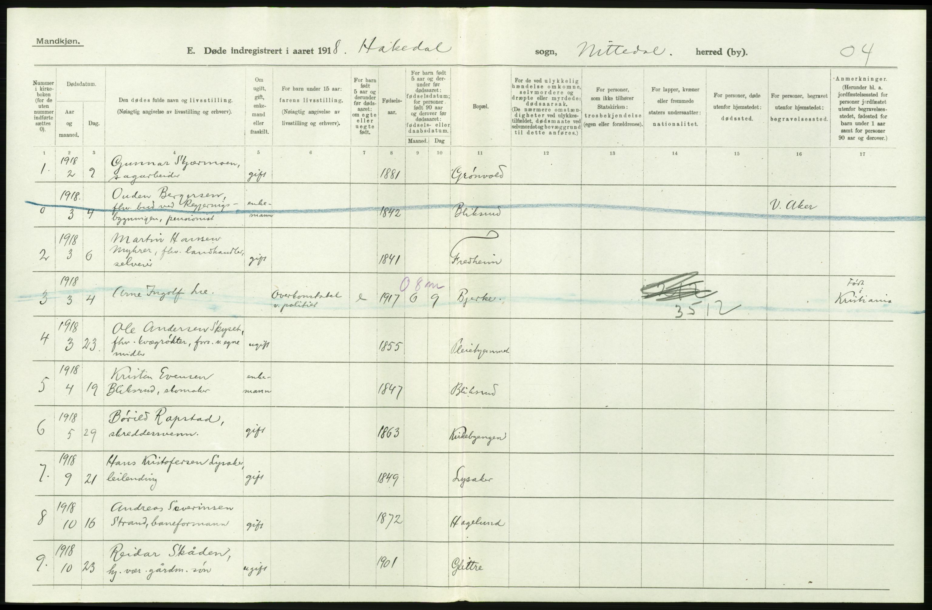 Statistisk sentralbyrå, Sosiodemografiske emner, Befolkning, AV/RA-S-2228/D/Df/Dfb/Dfbh/L0006: Akershus fylke: Døde. Bygder og byer., 1918, p. 284