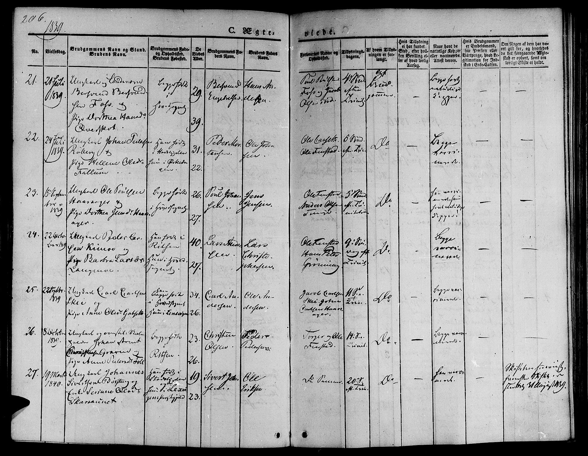 Ministerialprotokoller, klokkerbøker og fødselsregistre - Sør-Trøndelag, AV/SAT-A-1456/646/L0610: Parish register (official) no. 646A08, 1837-1847, p. 206