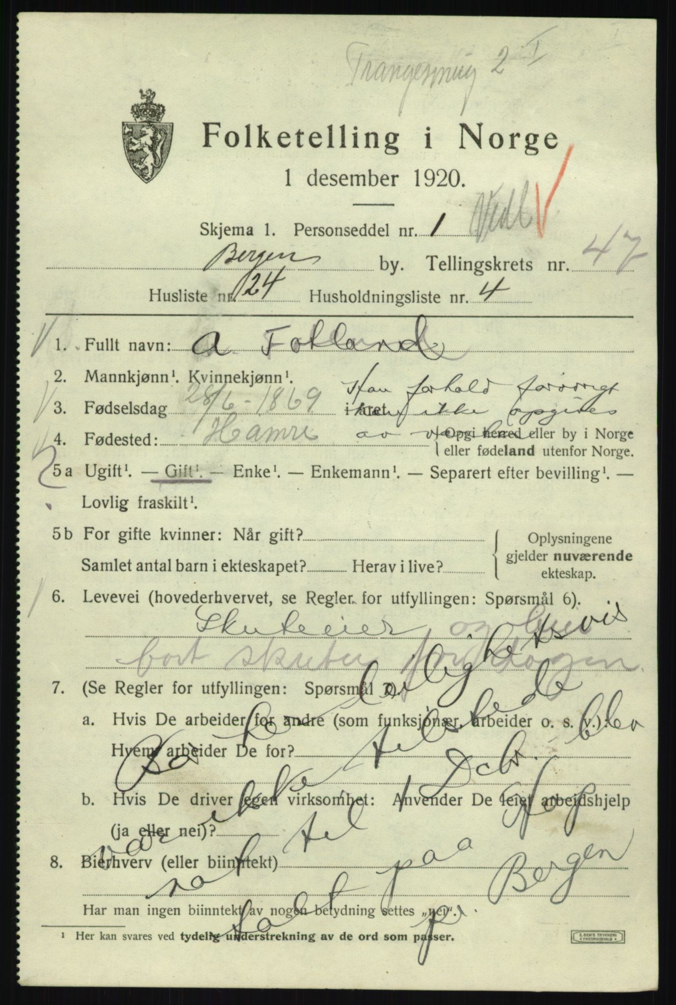 SAB, 1920 census for Bergen, 1920, p. 116670