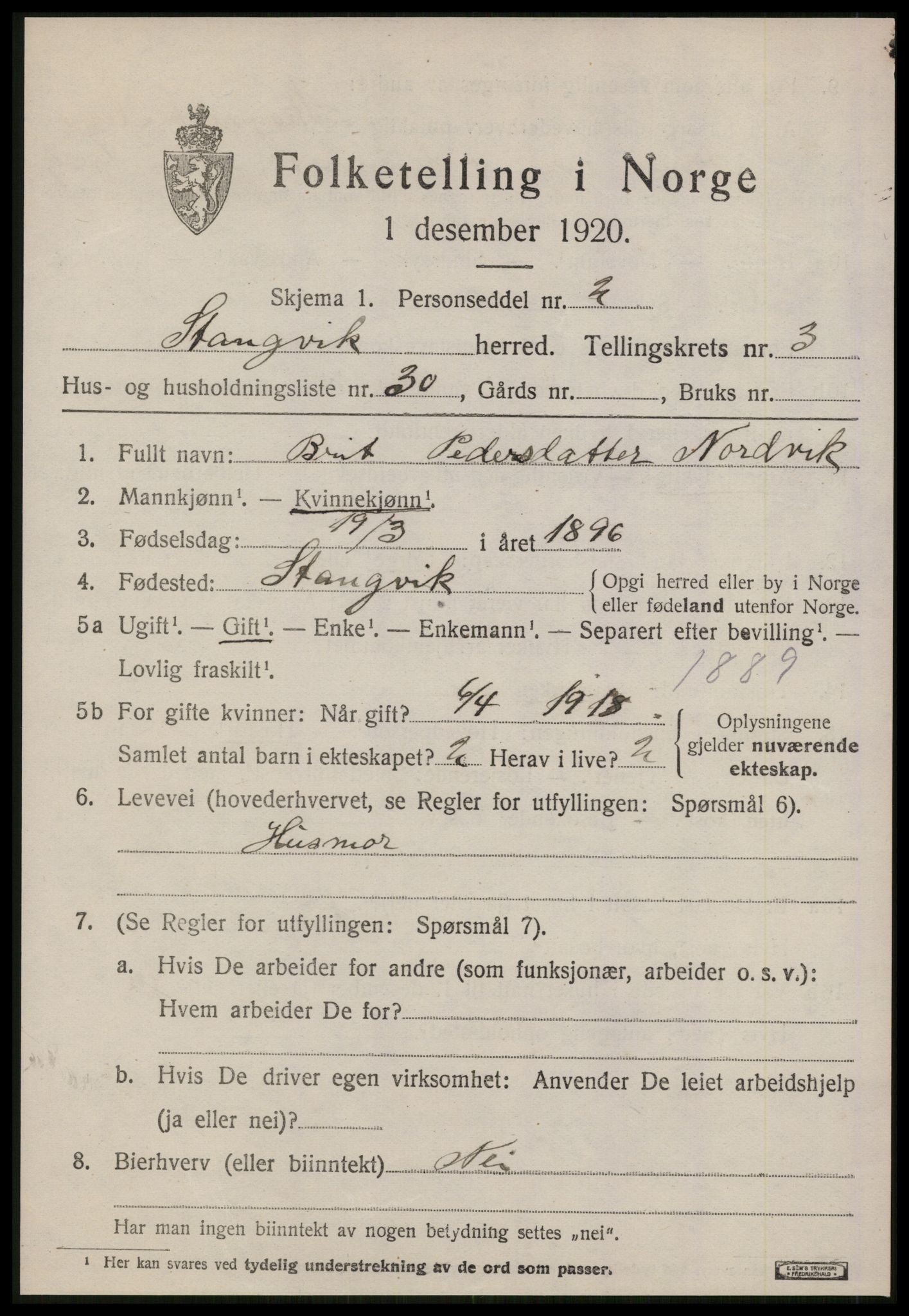 SAT, 1920 census for Stangvik, 1920, p. 2348