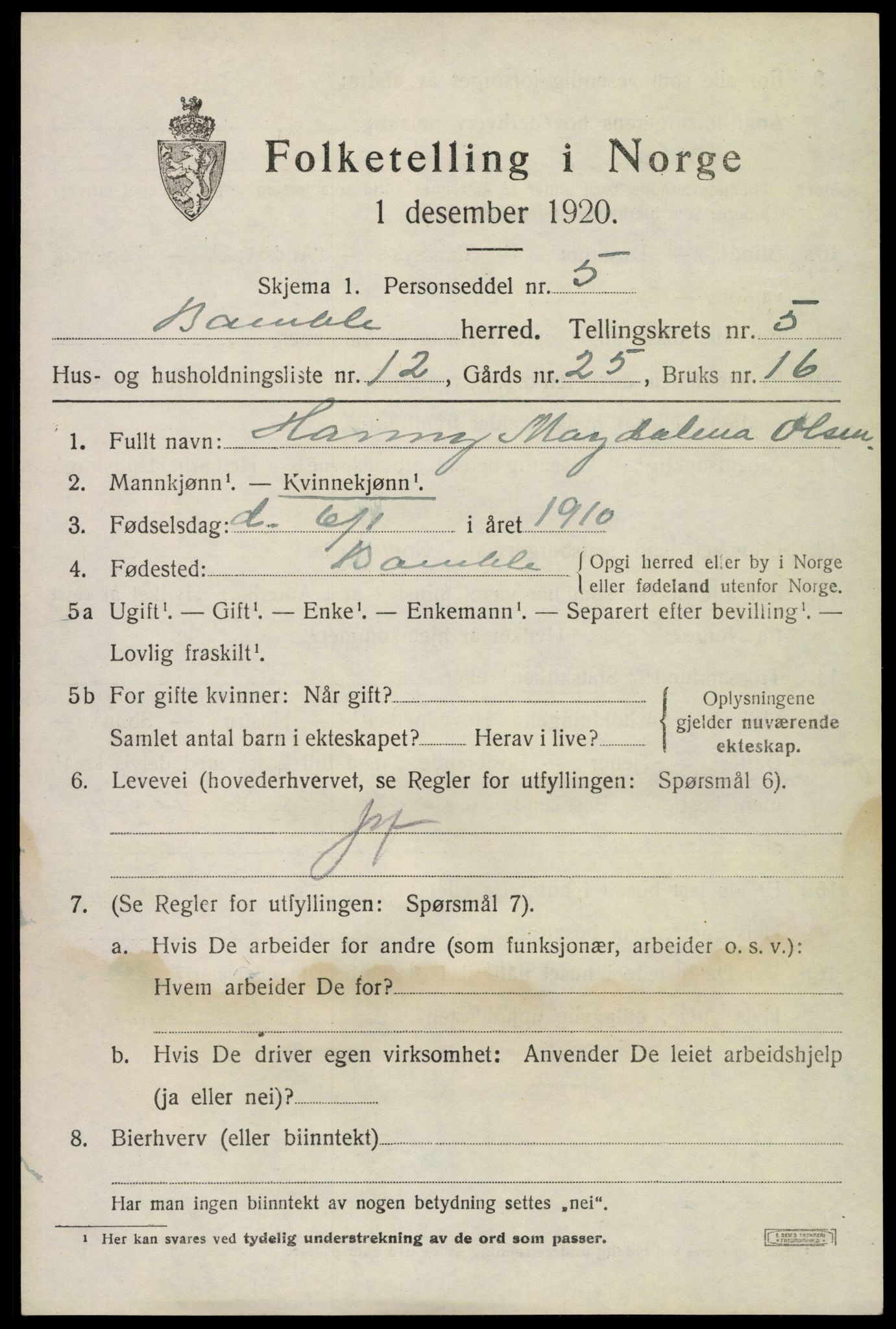 SAKO, 1920 census for Bamble, 1920, p. 5103