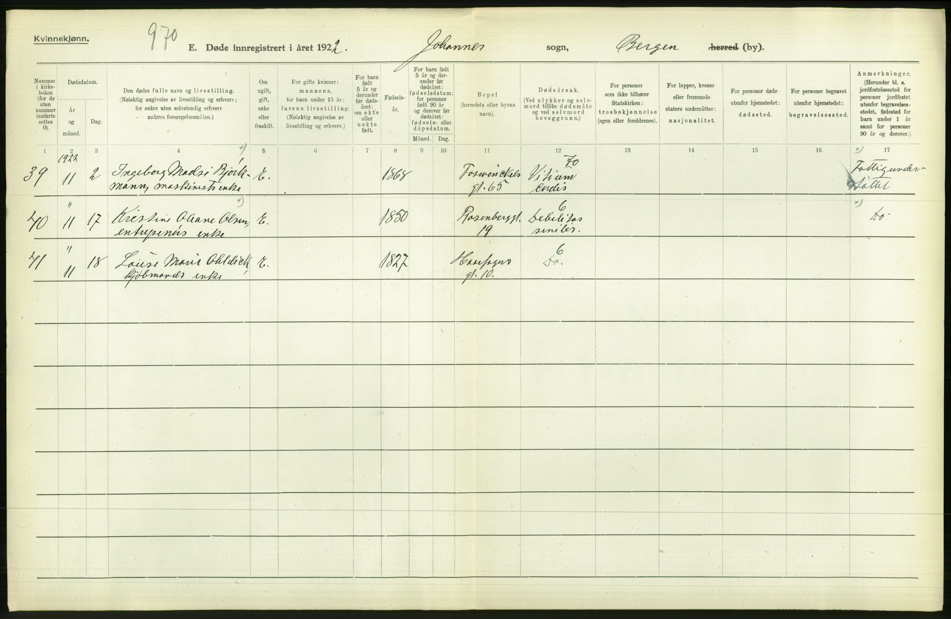 Statistisk sentralbyrå, Sosiodemografiske emner, Befolkning, AV/RA-S-2228/D/Df/Dfc/Dfcb/L0030: Bergen: Gifte, døde, dødfødte., 1922, p. 678