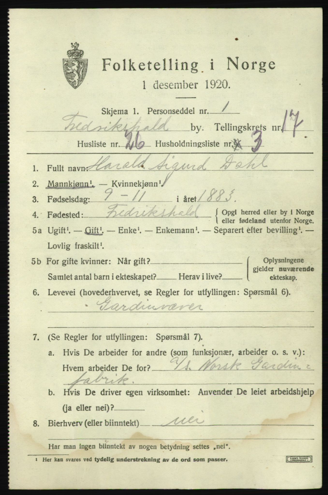 SAO, 1920 census for Fredrikshald, 1920, p. 26496