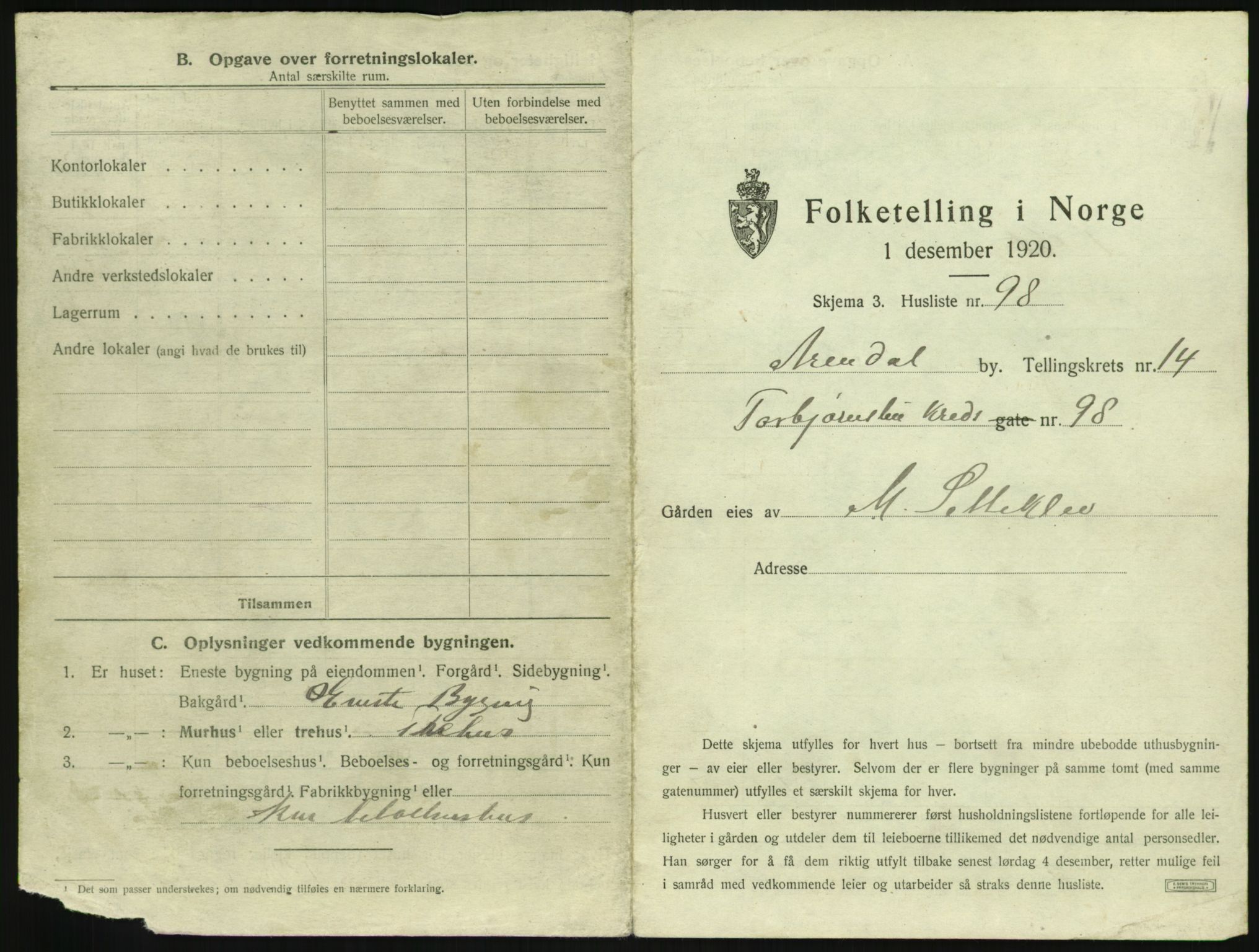 SAK, 1920 census for Arendal, 1920, p. 2174