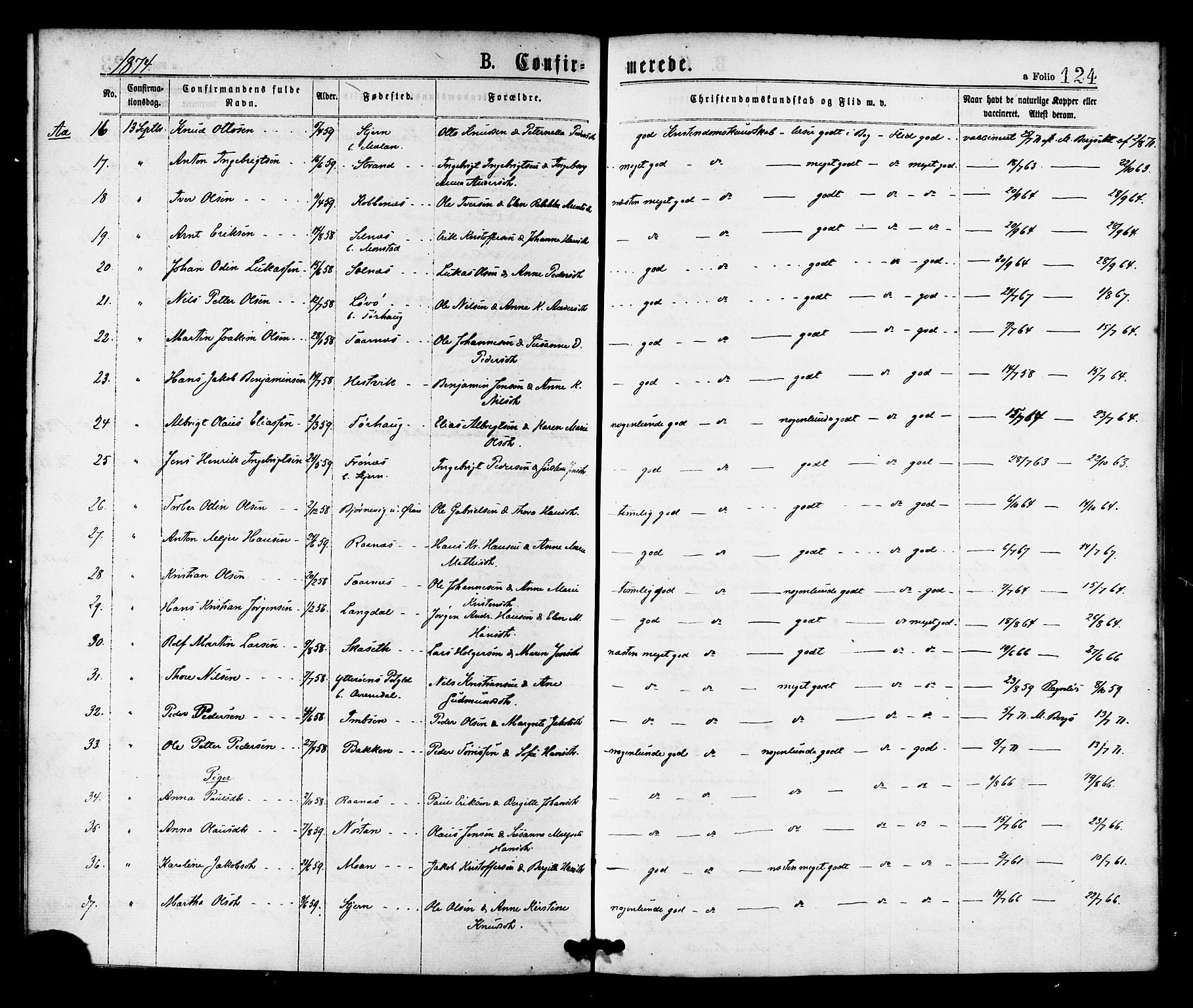 Ministerialprotokoller, klokkerbøker og fødselsregistre - Sør-Trøndelag, AV/SAT-A-1456/655/L0679: Parish register (official) no. 655A08, 1873-1879, p. 124