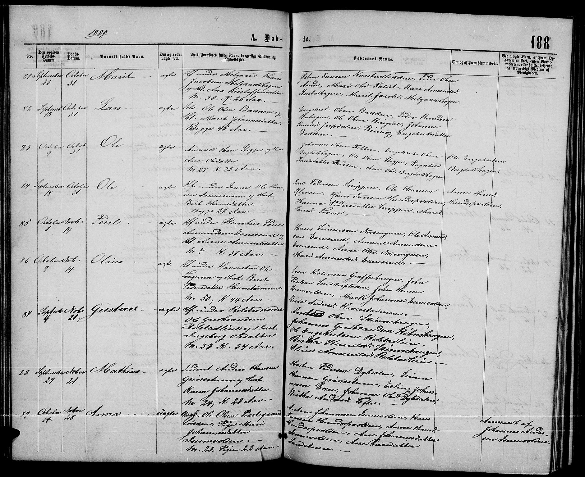 Sør-Fron prestekontor, AV/SAH-PREST-010/H/Ha/Hab/L0002: Parish register (copy) no. 2, 1864-1883, p. 188