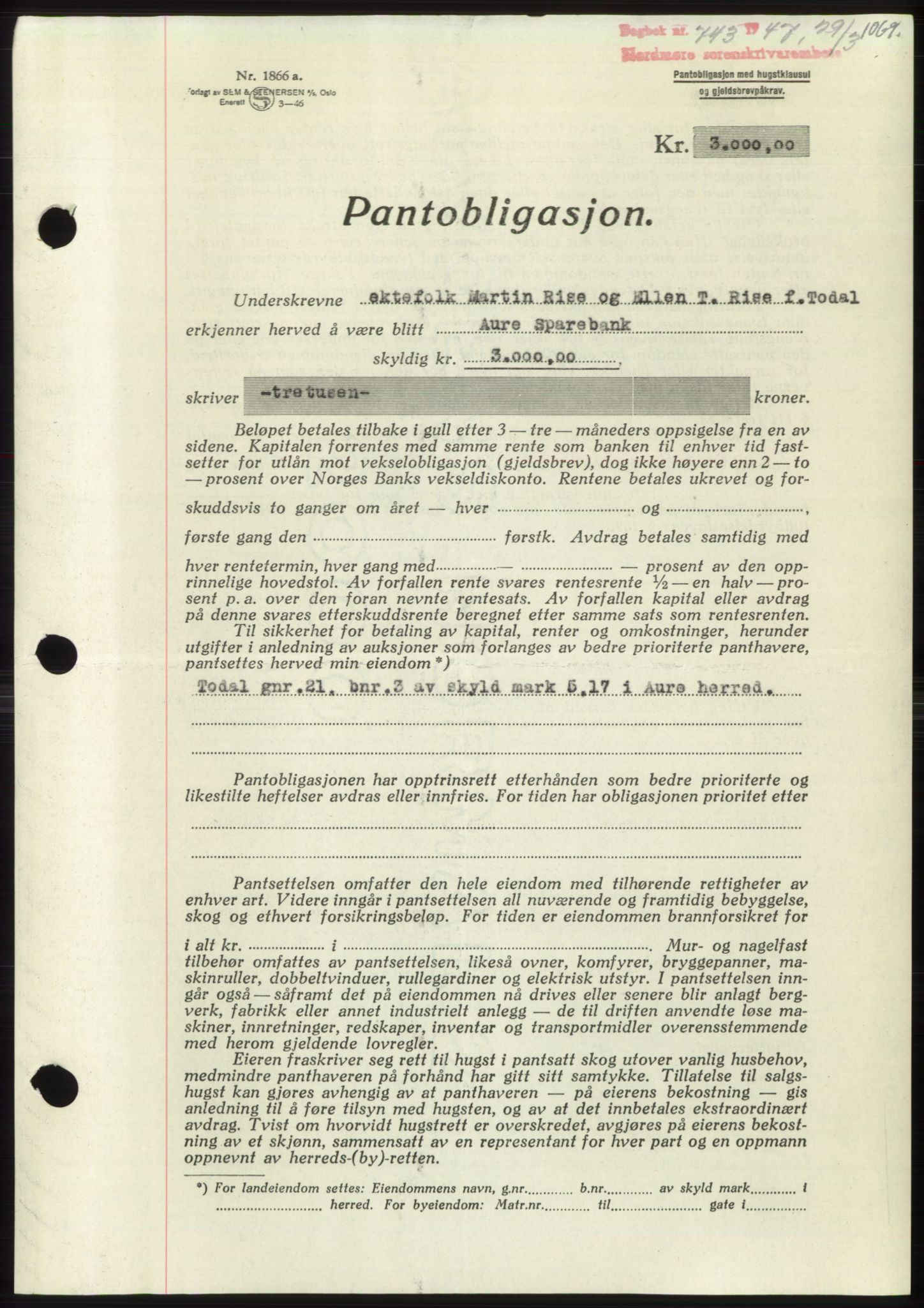 Nordmøre sorenskriveri, AV/SAT-A-4132/1/2/2Ca: Mortgage book no. B95, 1946-1947, Diary no: : 743/1947