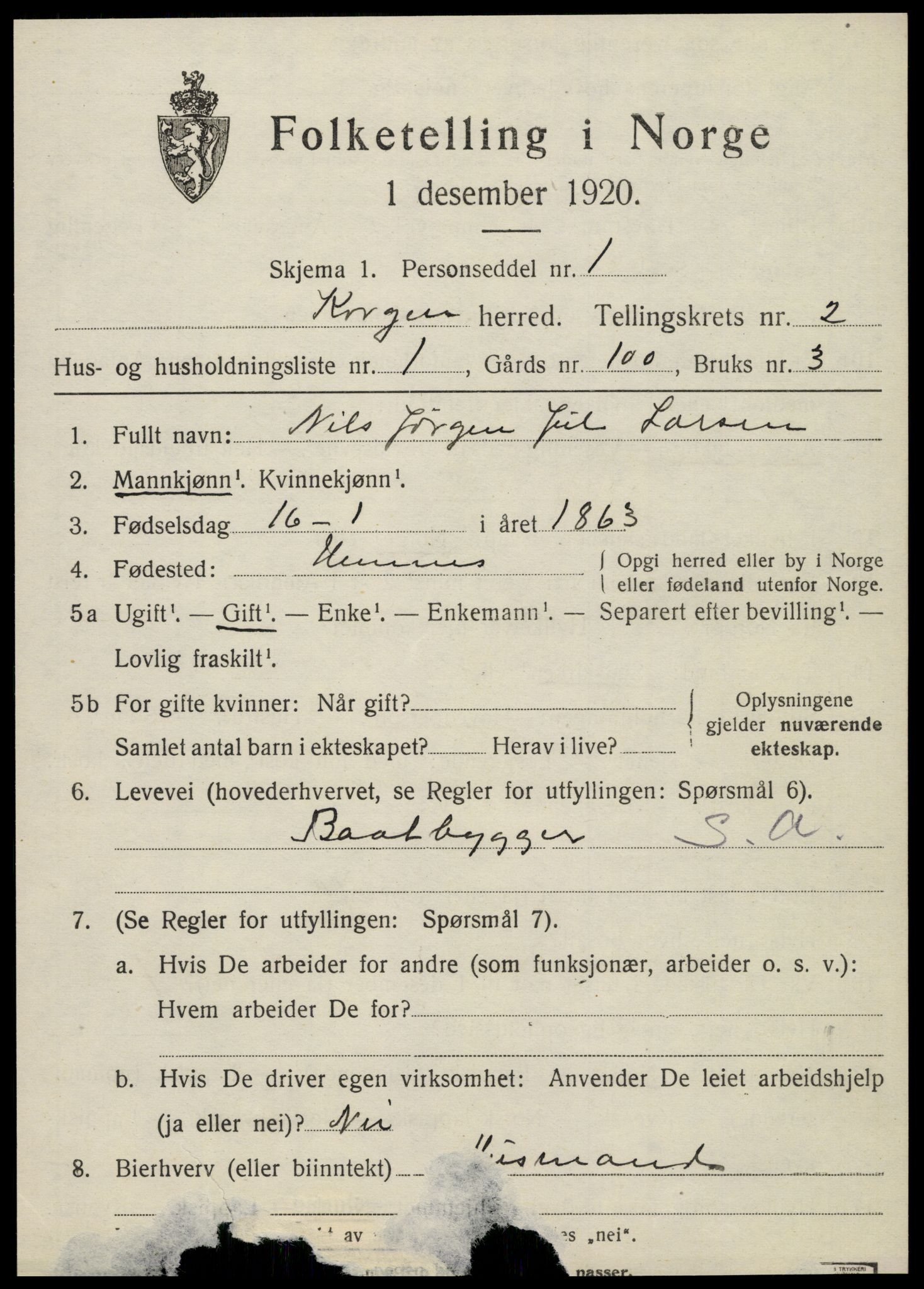 SAT, 1920 census for Korgen, 1920, p. 920