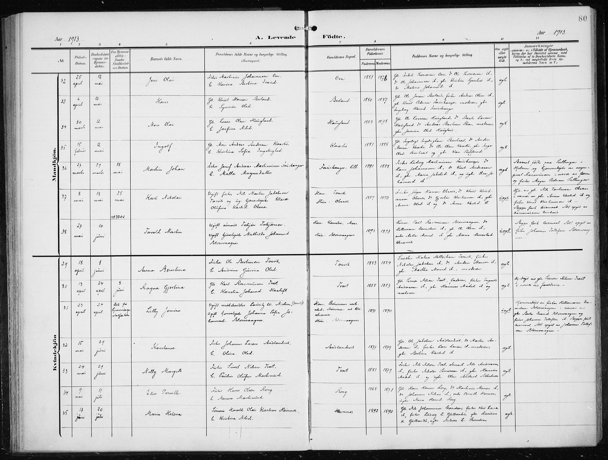Herdla Sokneprestembete, SAB/A-75701/H/Haa: Parish register (official) no. A 5, 1905-1918, p. 80