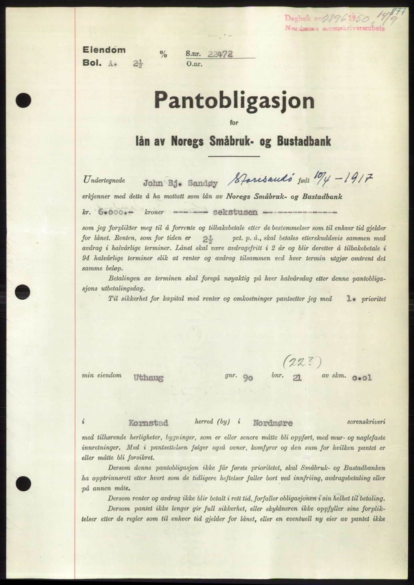 Nordmøre sorenskriveri, AV/SAT-A-4132/1/2/2Ca: Mortgage book no. B105, 1950-1950, Diary no: : 2896/1950