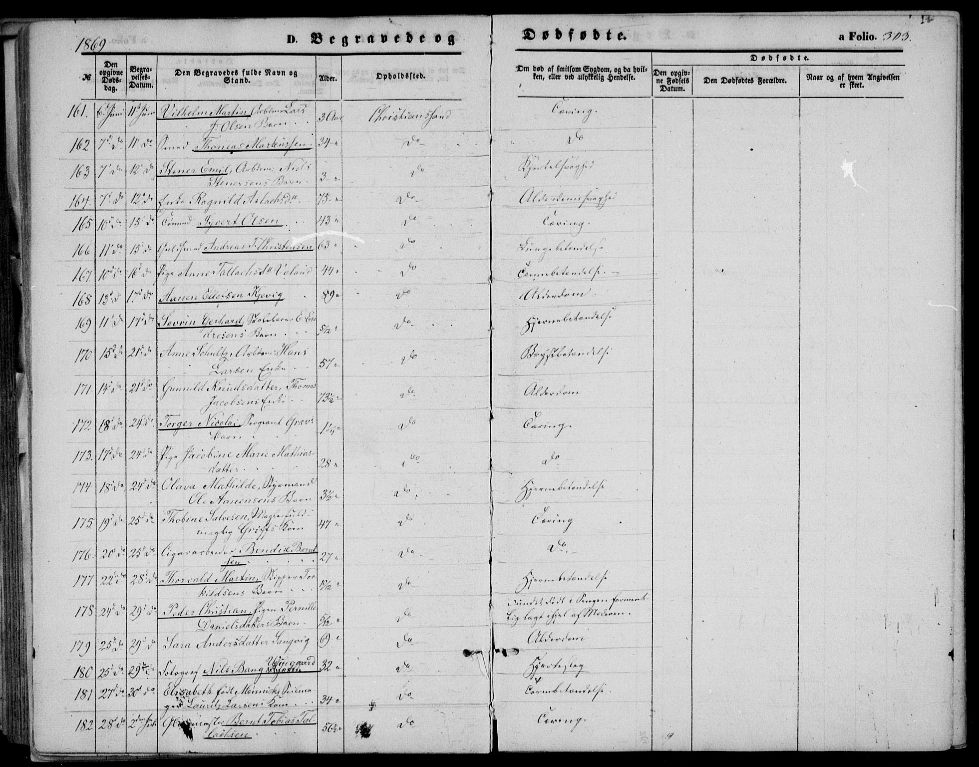 Kristiansand domprosti, AV/SAK-1112-0006/F/Fb/L0012: Parish register (copy) no. B 12, 1861-1870, p. 303