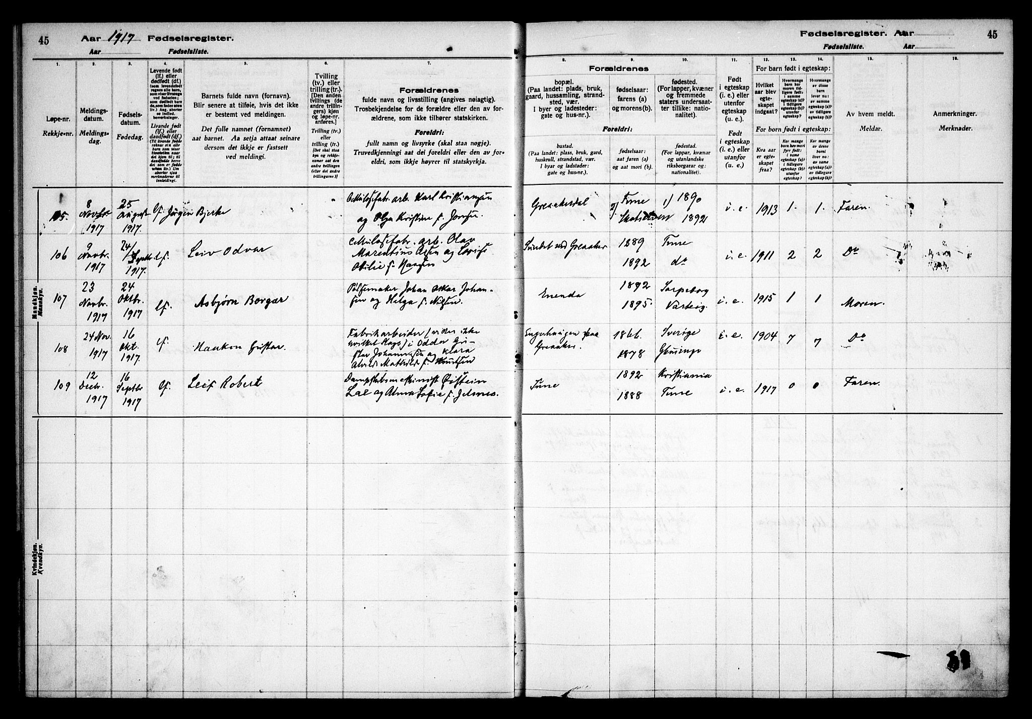 Tune prestekontor Kirkebøker, AV/SAO-A-2007/J/Ja/L0001: Birth register no. I 1, 1916-1928, p. 45