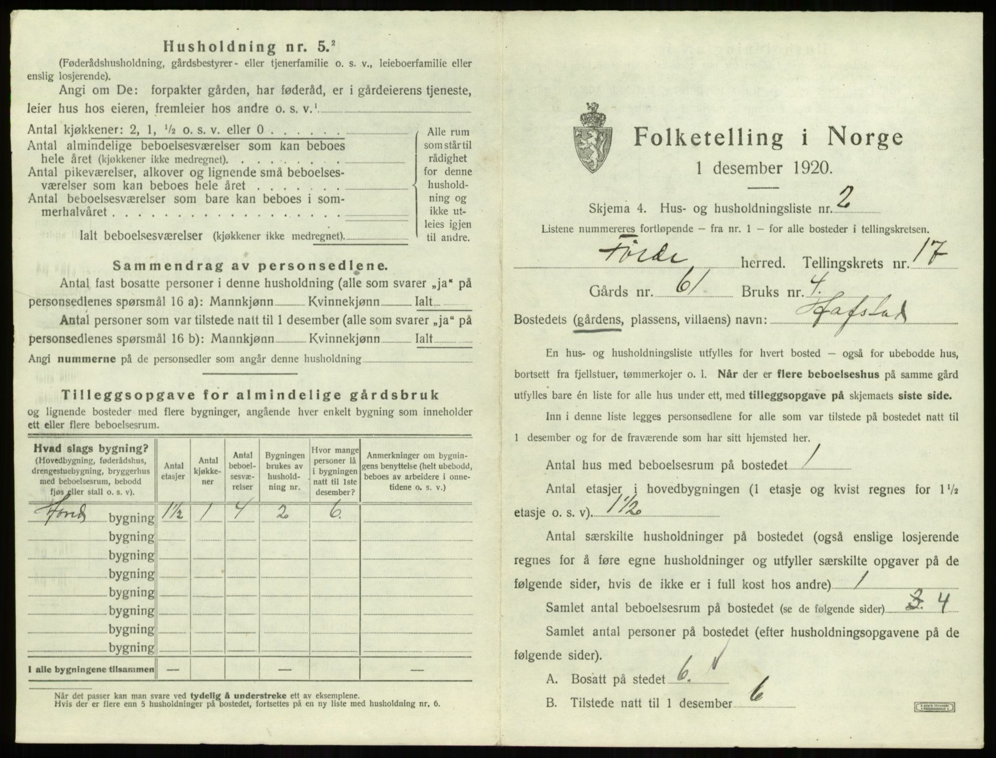 SAB, 1920 census for Førde, 1920, p. 897