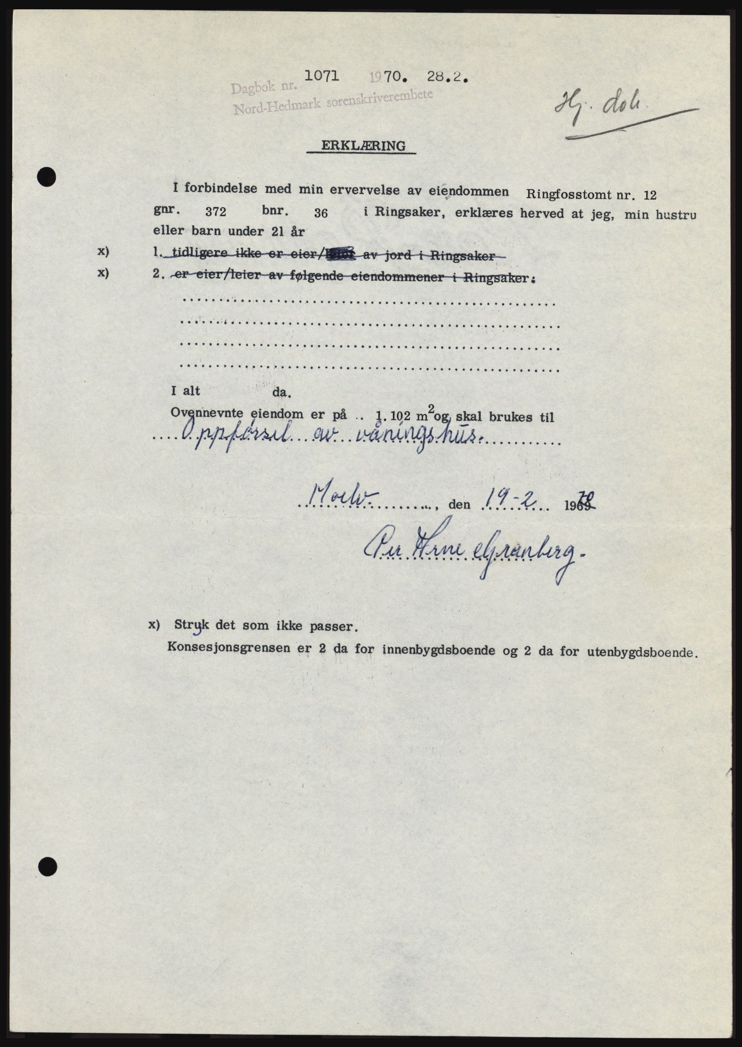 Nord-Hedmark sorenskriveri, SAH/TING-012/H/Hc/L0033: Mortgage book no. 33, 1970-1970, Diary no: : 1071/1970