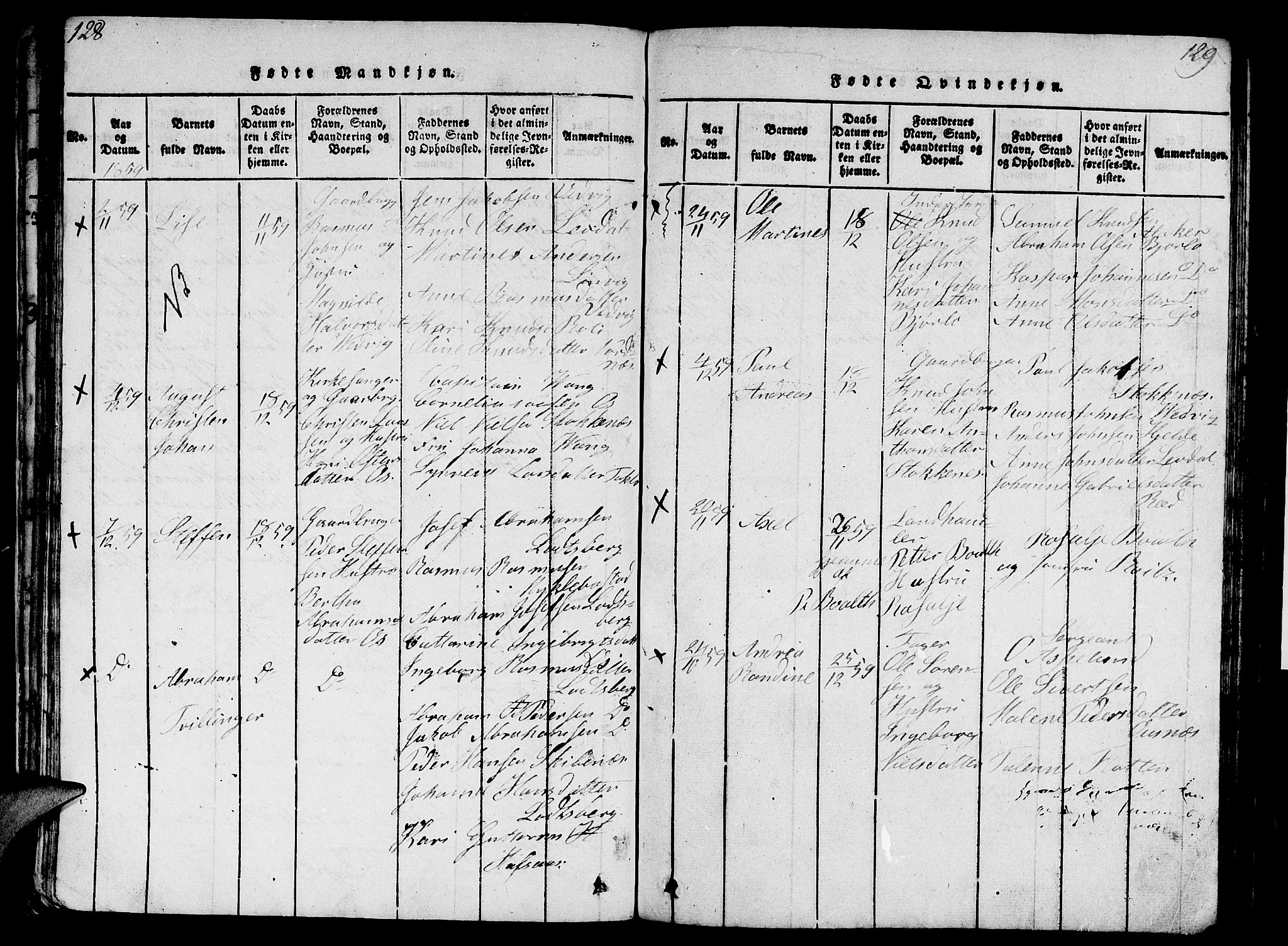 Eid sokneprestembete, AV/SAB-A-82301/H/Hab/Haba/L0001: Parish register (copy) no. A 1, 1816-1862, p. 128-129