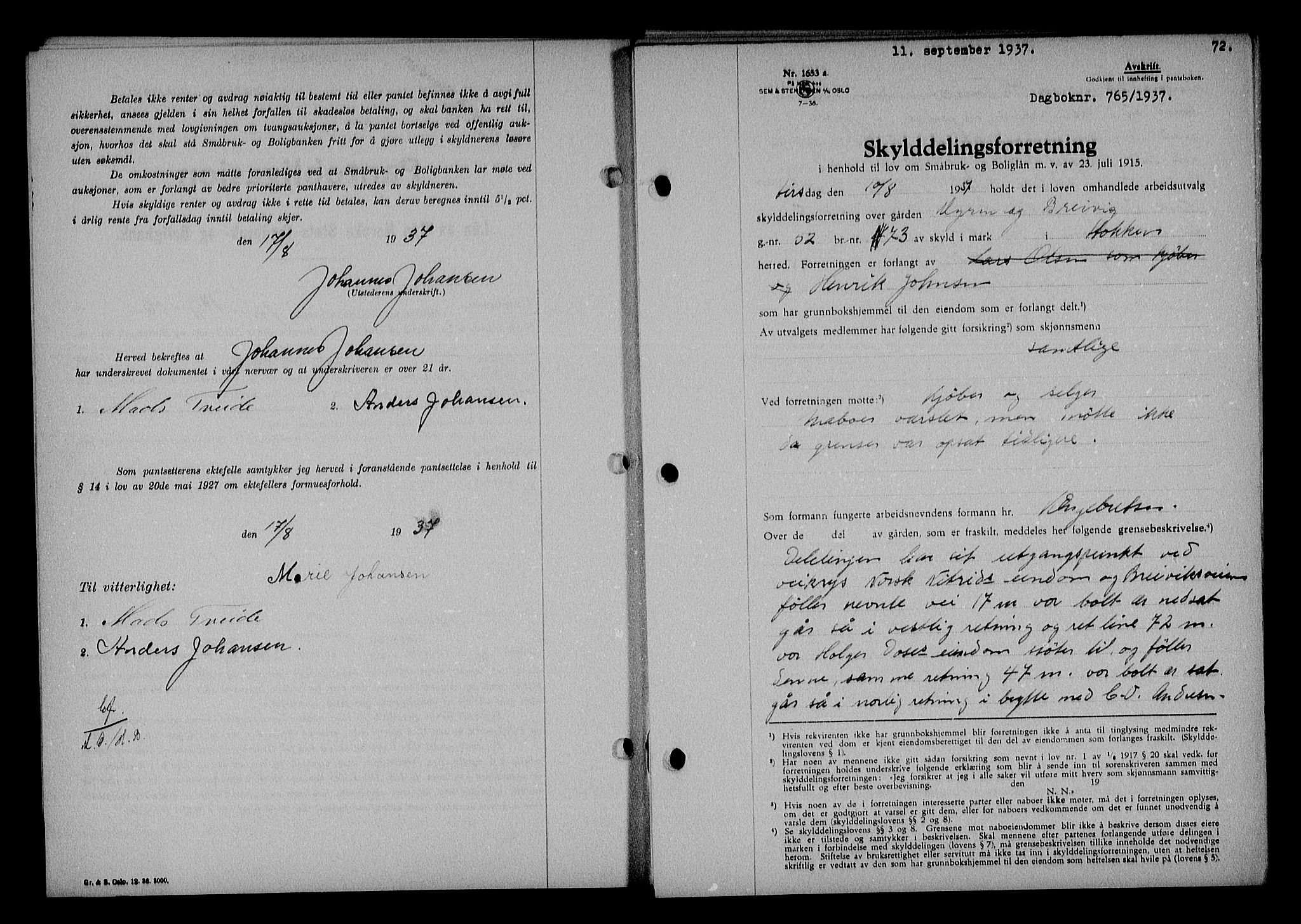 Nedenes sorenskriveri, AV/SAK-1221-0006/G/Gb/Gba/L0044: Mortgage book no. 40, 1937-1938, Diary no: : 765/1937