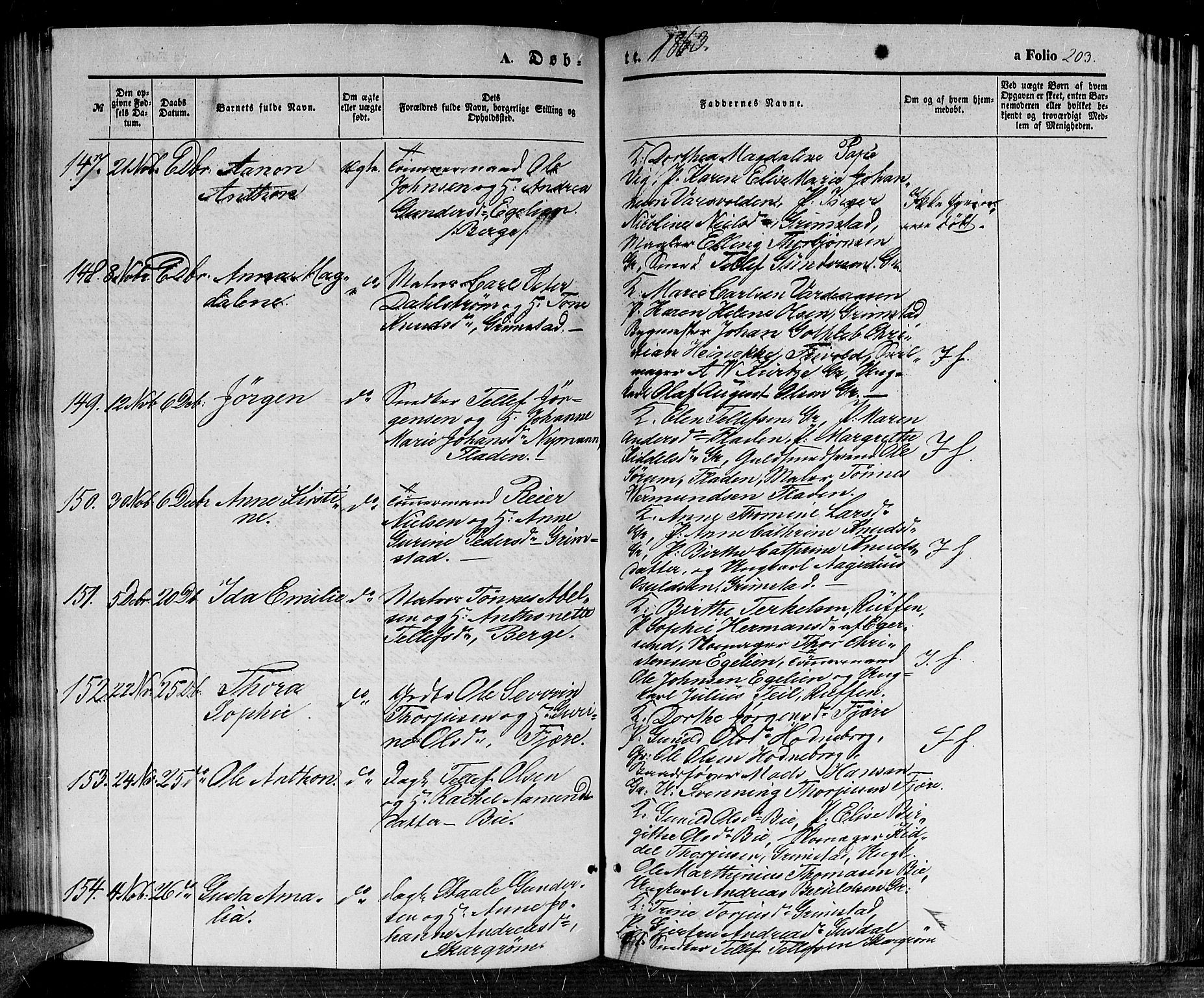 Fjære sokneprestkontor, SAK/1111-0011/F/Fb/L0008: Parish register (copy) no. B 8, 1854-1867, p. 203