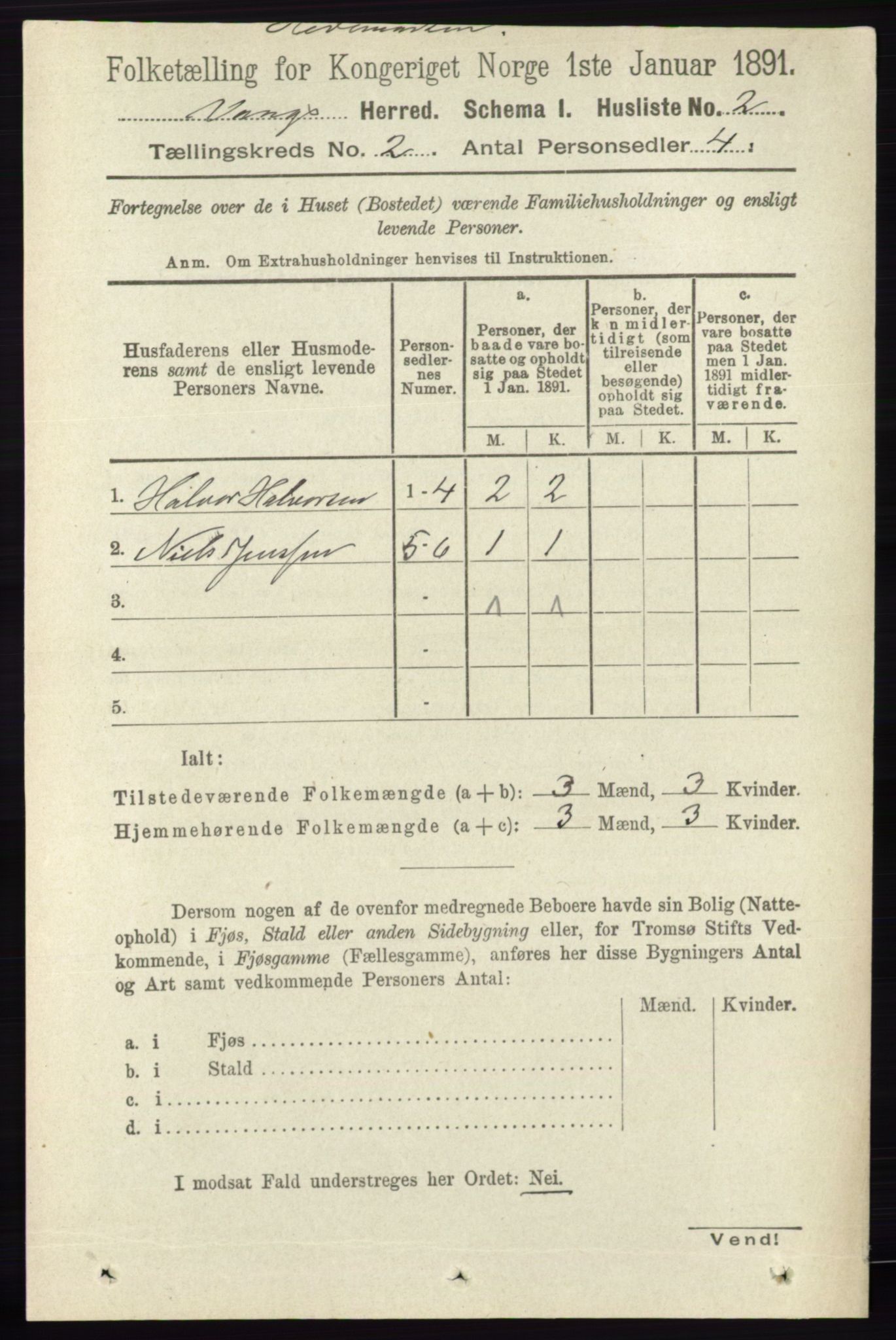 RA, 1891 census for 0414 Vang, 1891, p. 931