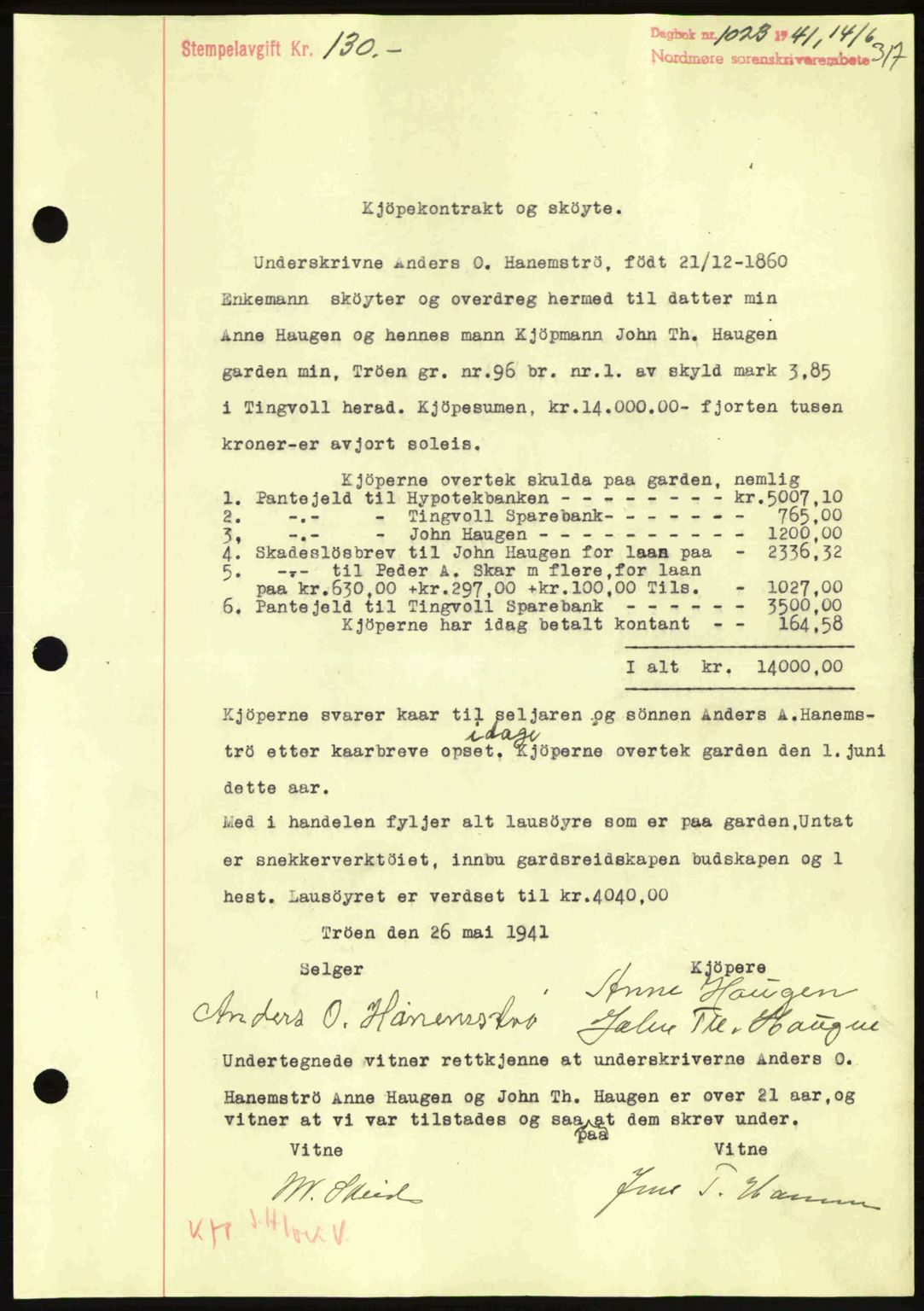 Nordmøre sorenskriveri, SAT/A-4132/1/2/2Ca: Mortgage book no. A90, 1941-1941, Diary no: : 1025/1941