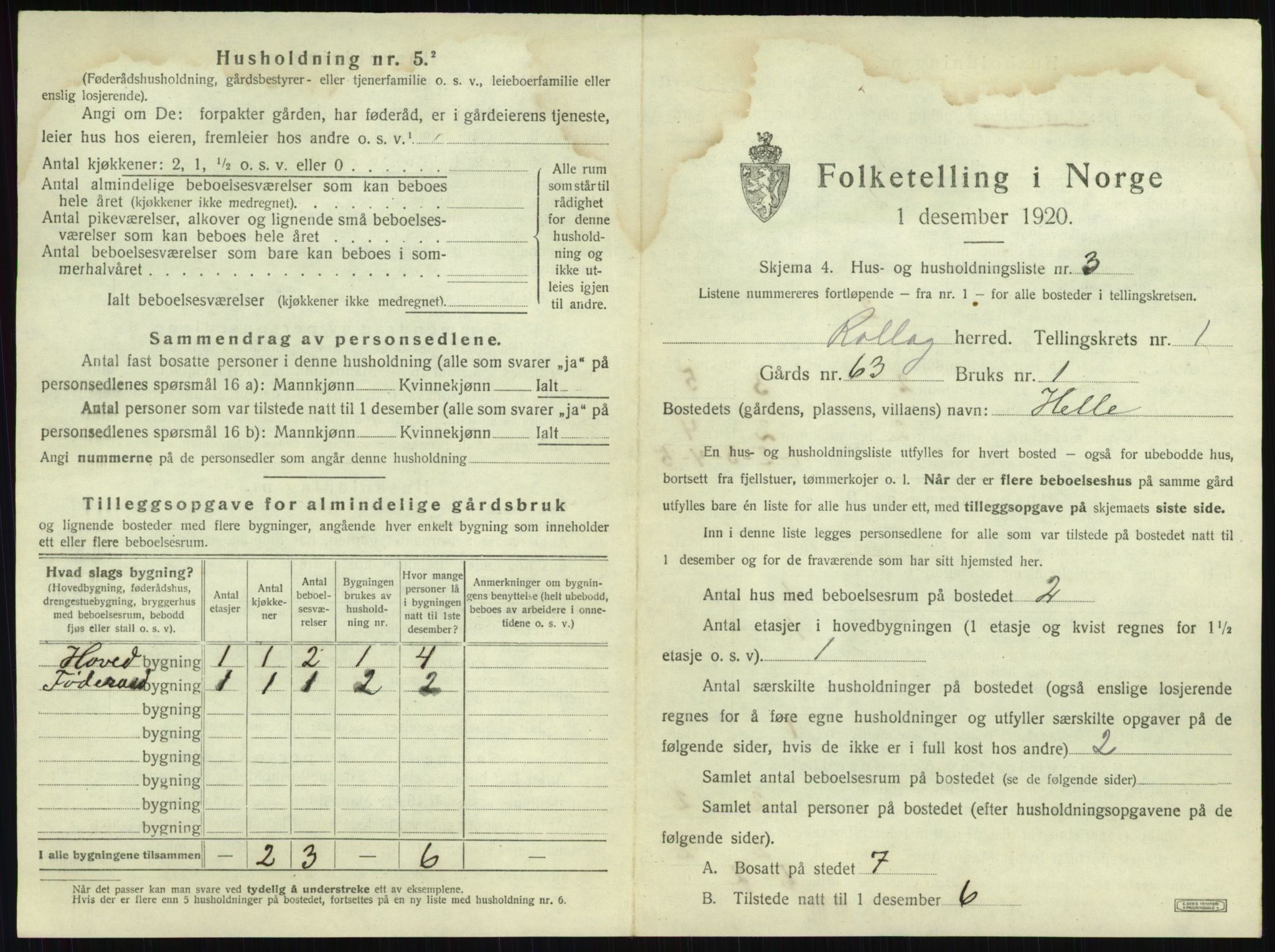 SAKO, 1920 census for Rollag, 1920, p. 43