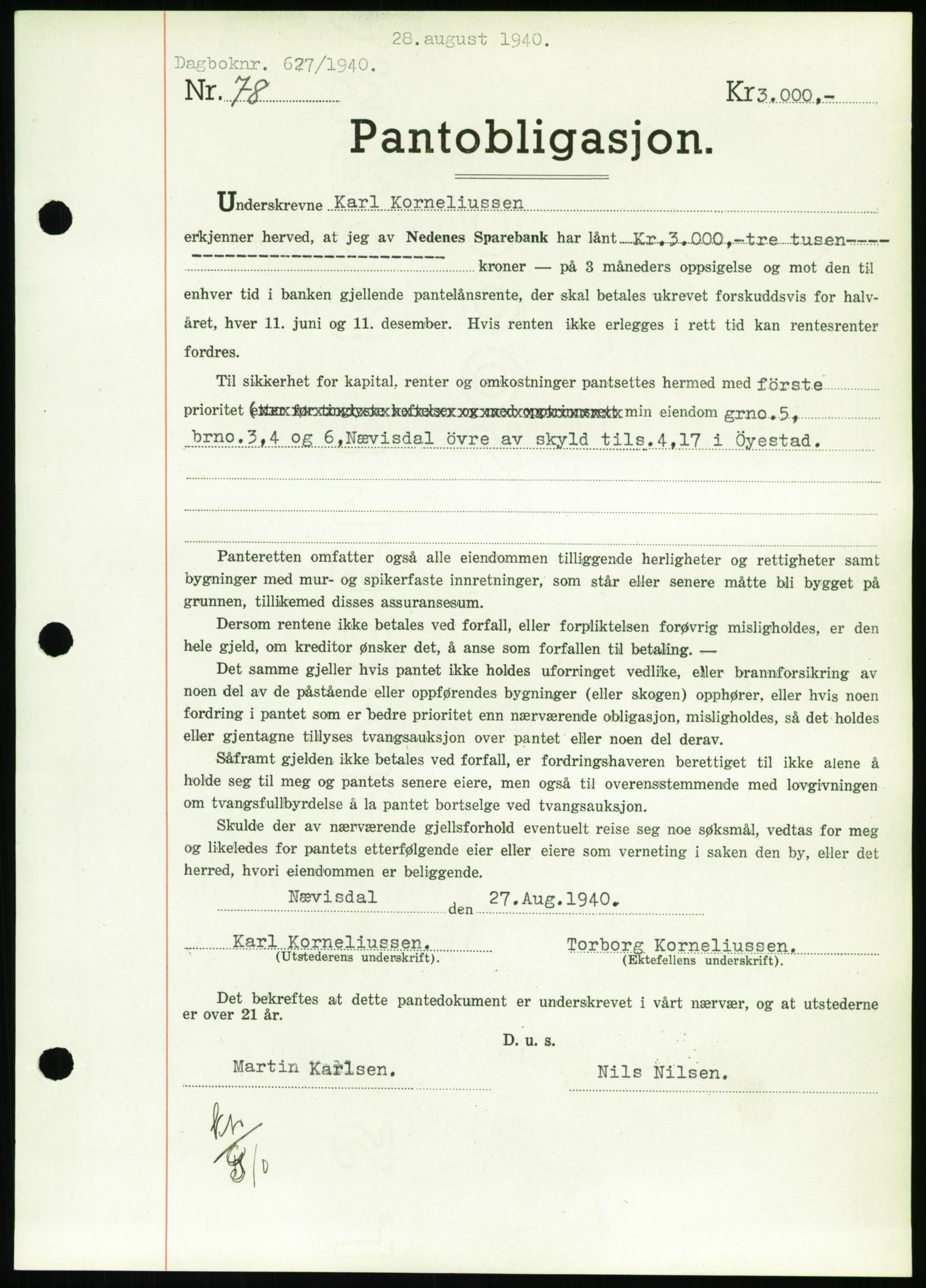 Nedenes sorenskriveri, SAK/1221-0006/G/Gb/Gbb/L0001: Mortgage book no. I, 1939-1942, Diary no: : 627/1940