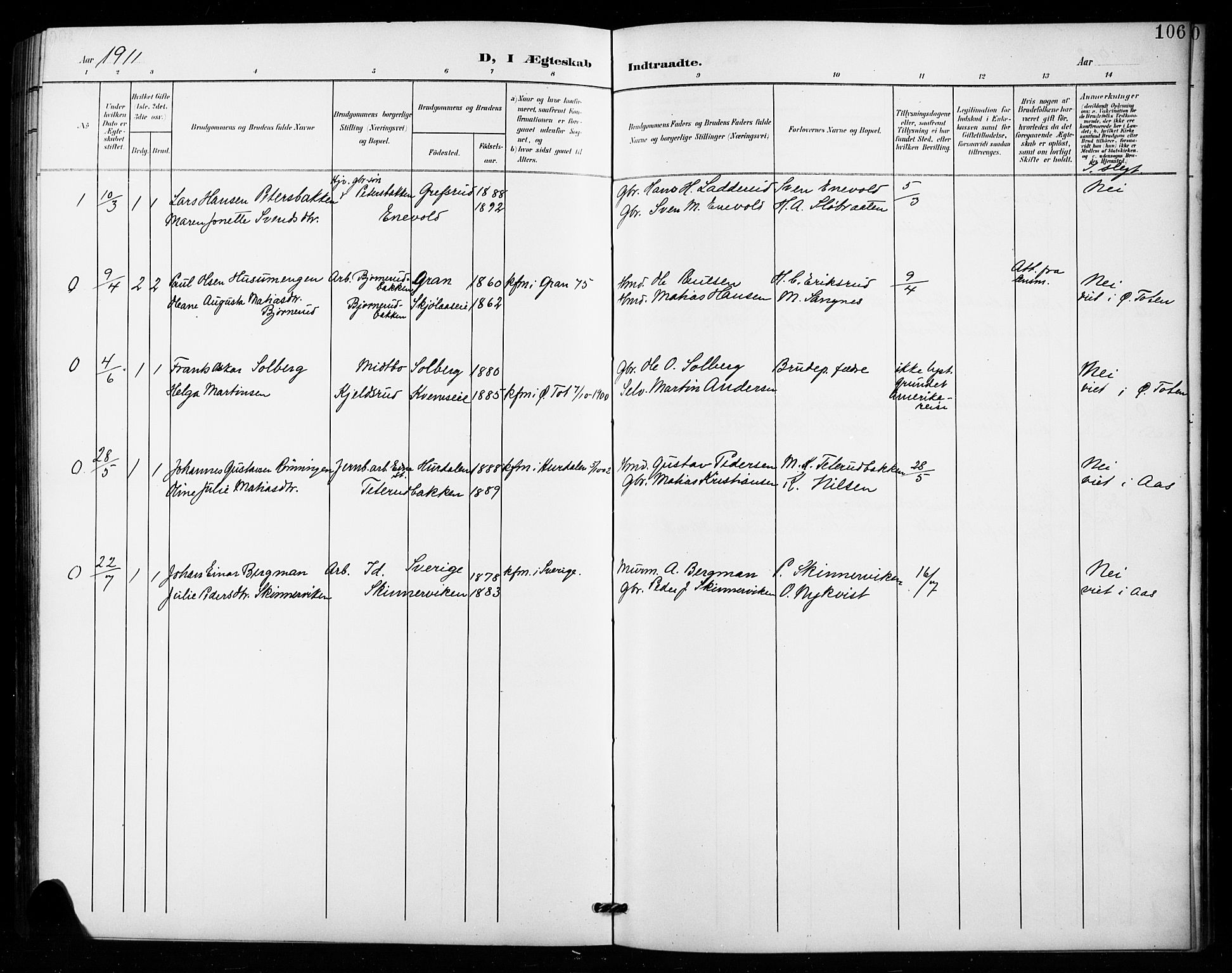 Vestre Toten prestekontor, SAH/PREST-108/H/Ha/Hab/L0016: Parish register (copy) no. 16, 1901-1915, p. 106