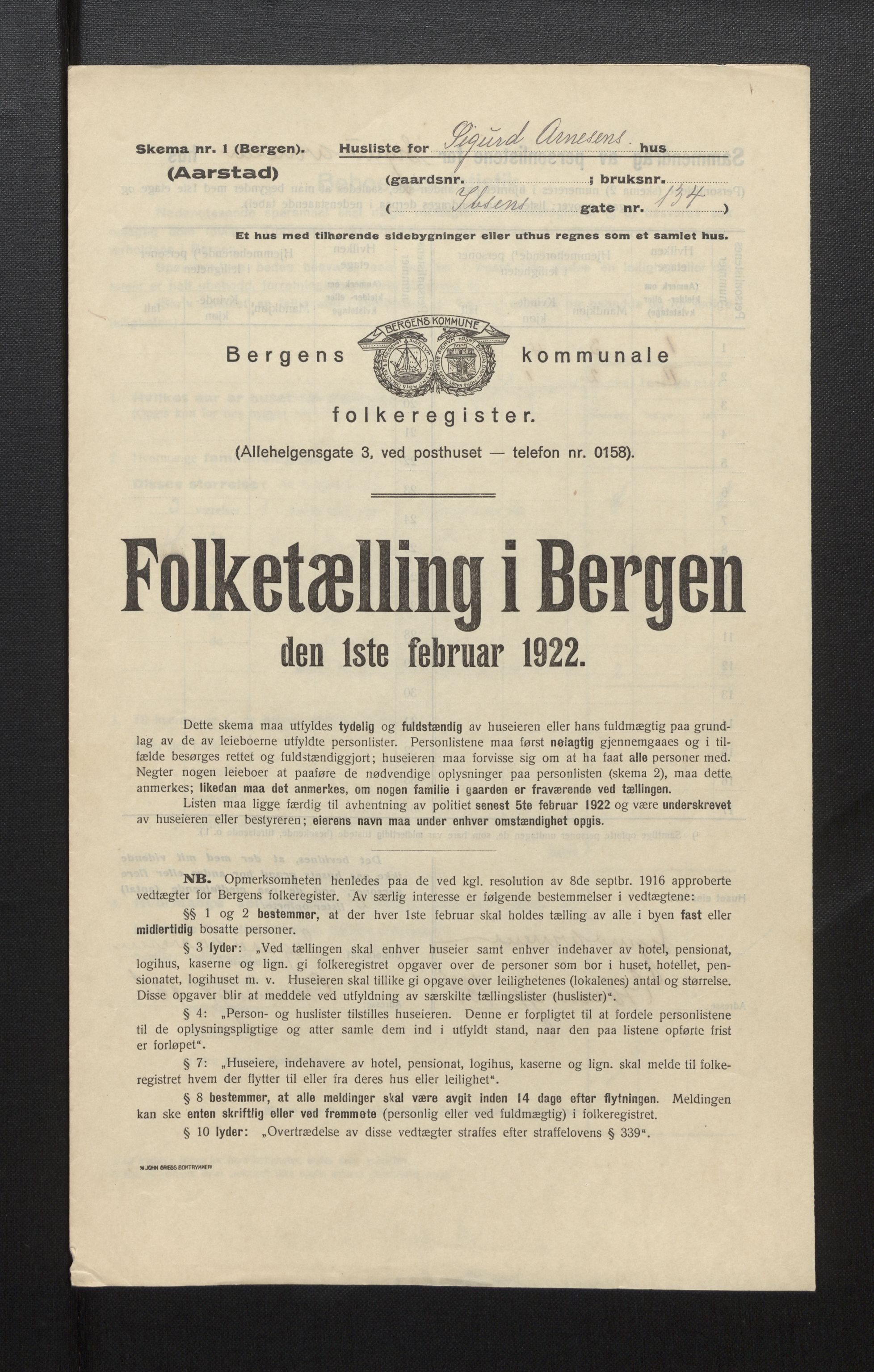 SAB, Municipal Census 1922 for Bergen, 1922, p. 53793