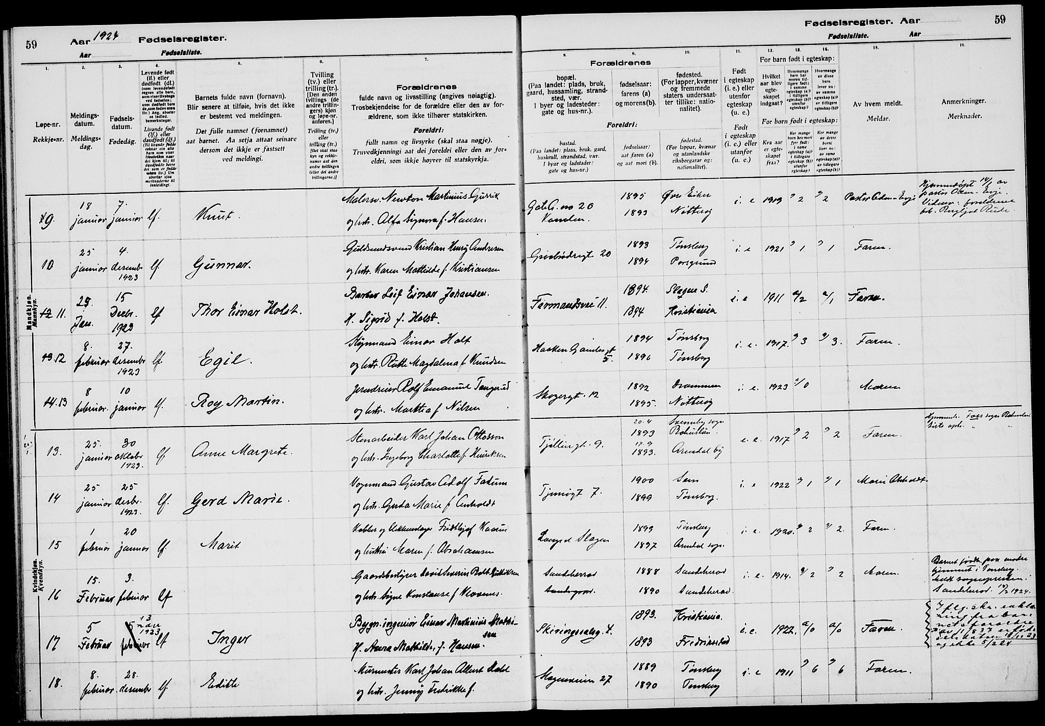 Tønsberg kirkebøker, AV/SAKO-A-330/J/Ja/L0002: Birth register no. 2, 1922-1928, p. 59